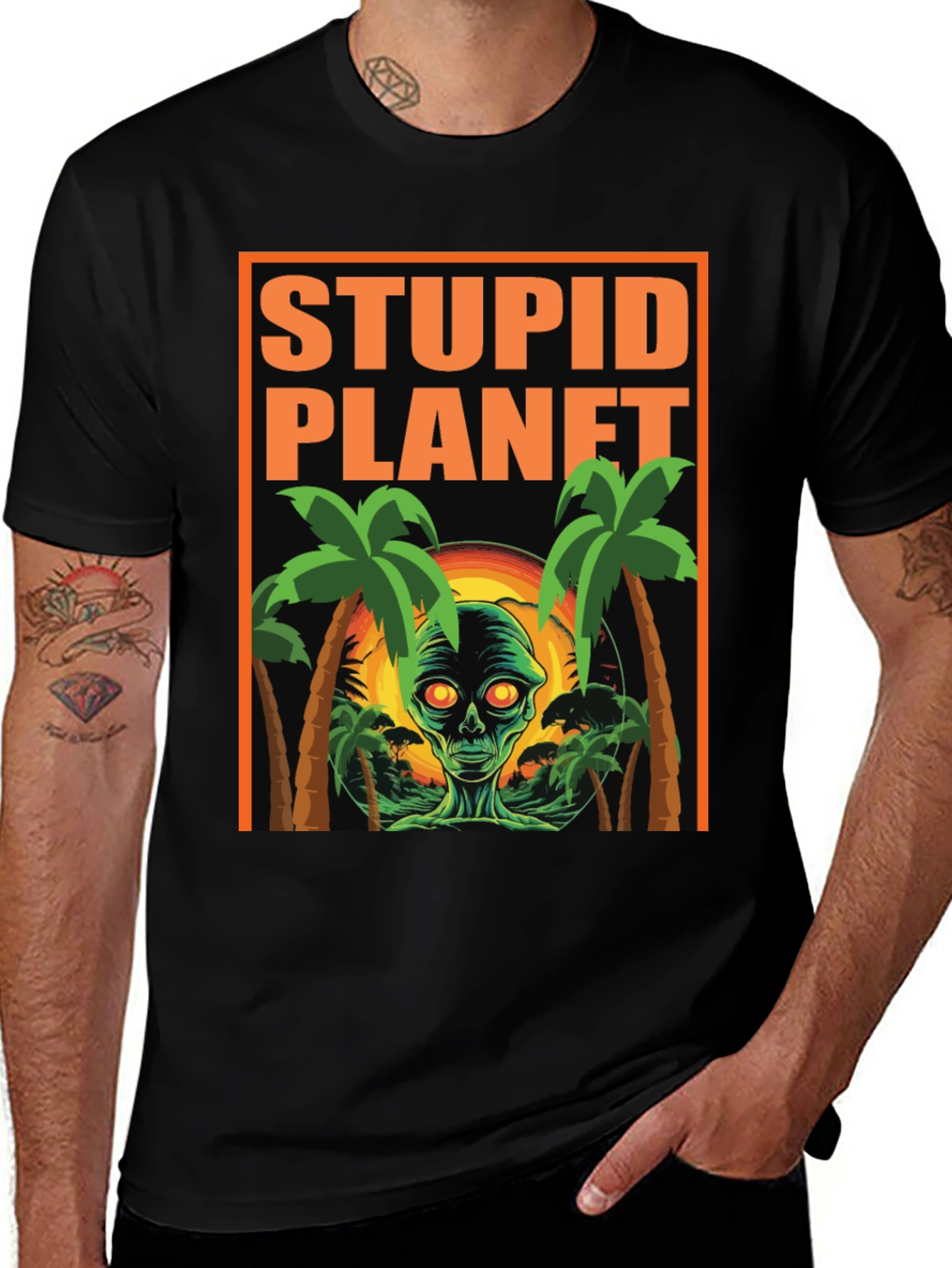 Variant 22 of Stupid Planet Alien Graphic Tee - Black Cotton T-Shirt