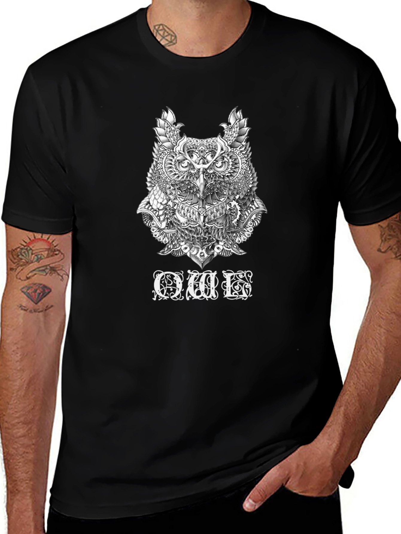 Variant 7 of Men's Black Graphic T-Shirt - Owl Design