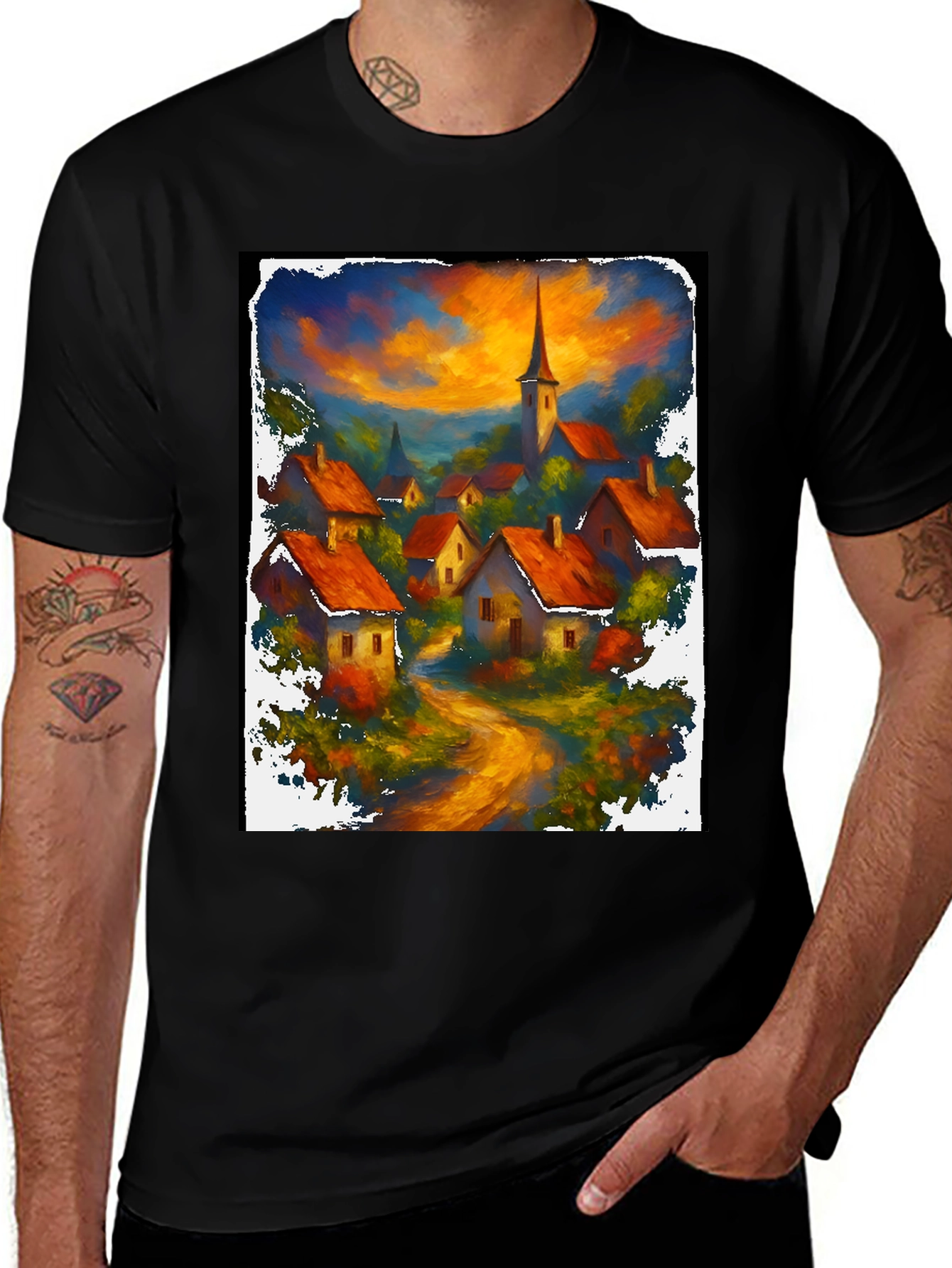 Village Painting Graphic T-Shirt