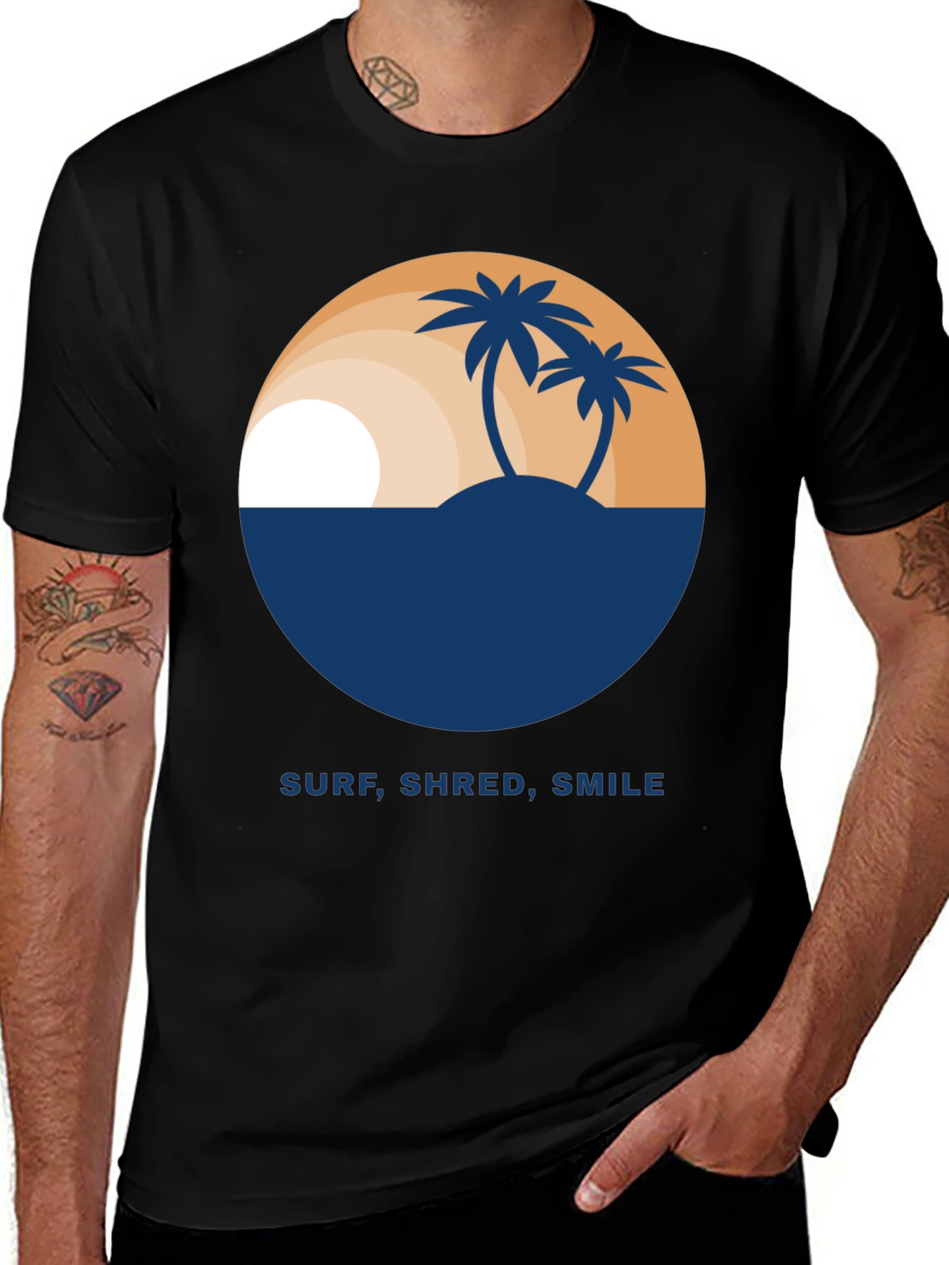 Variant 26 of Surf, Shred, Smile T-Shirt - Tropical Island Design