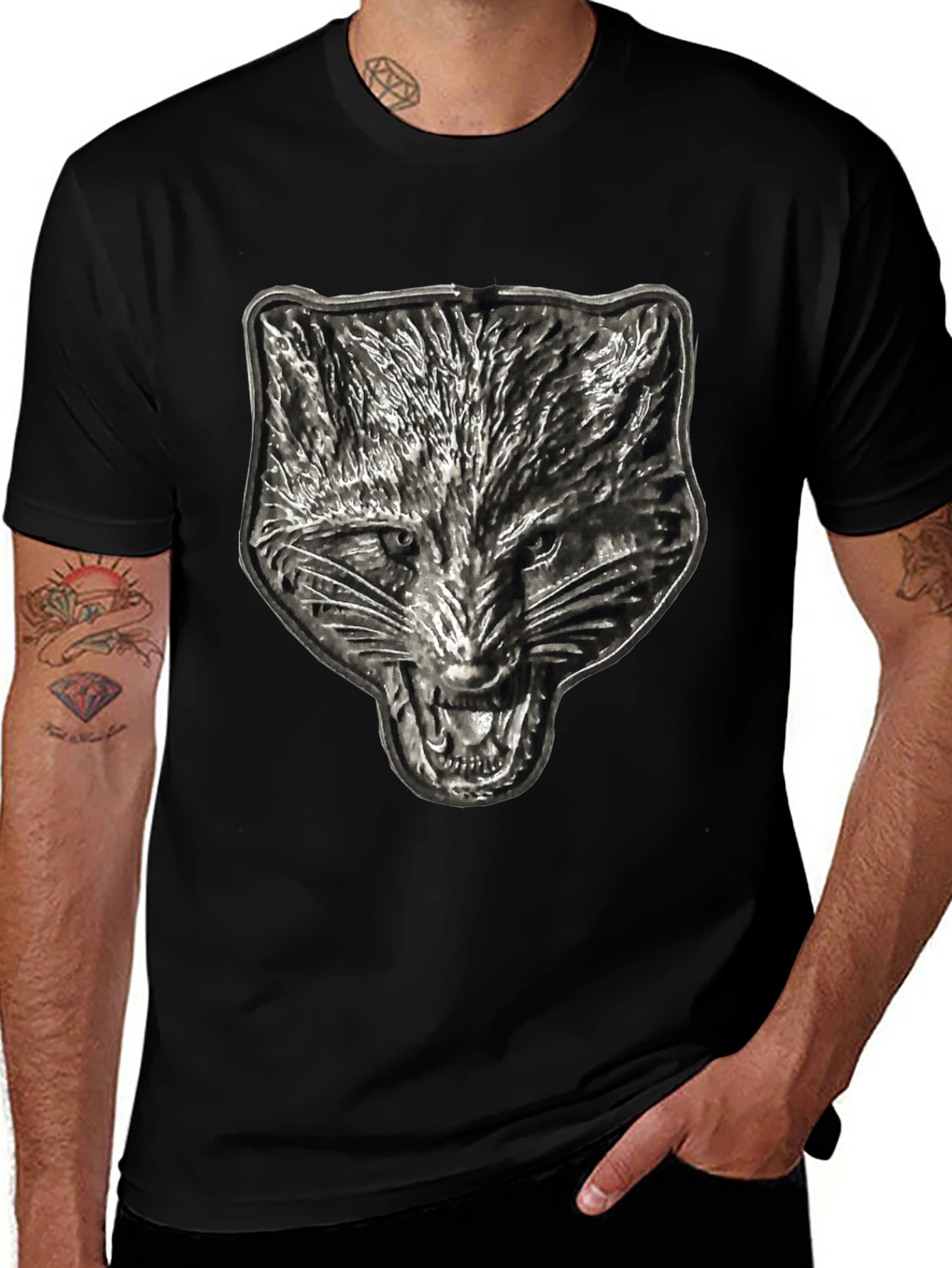 Variant 10 of Men's Black T-Shirt with Embossed Wolf Graphic