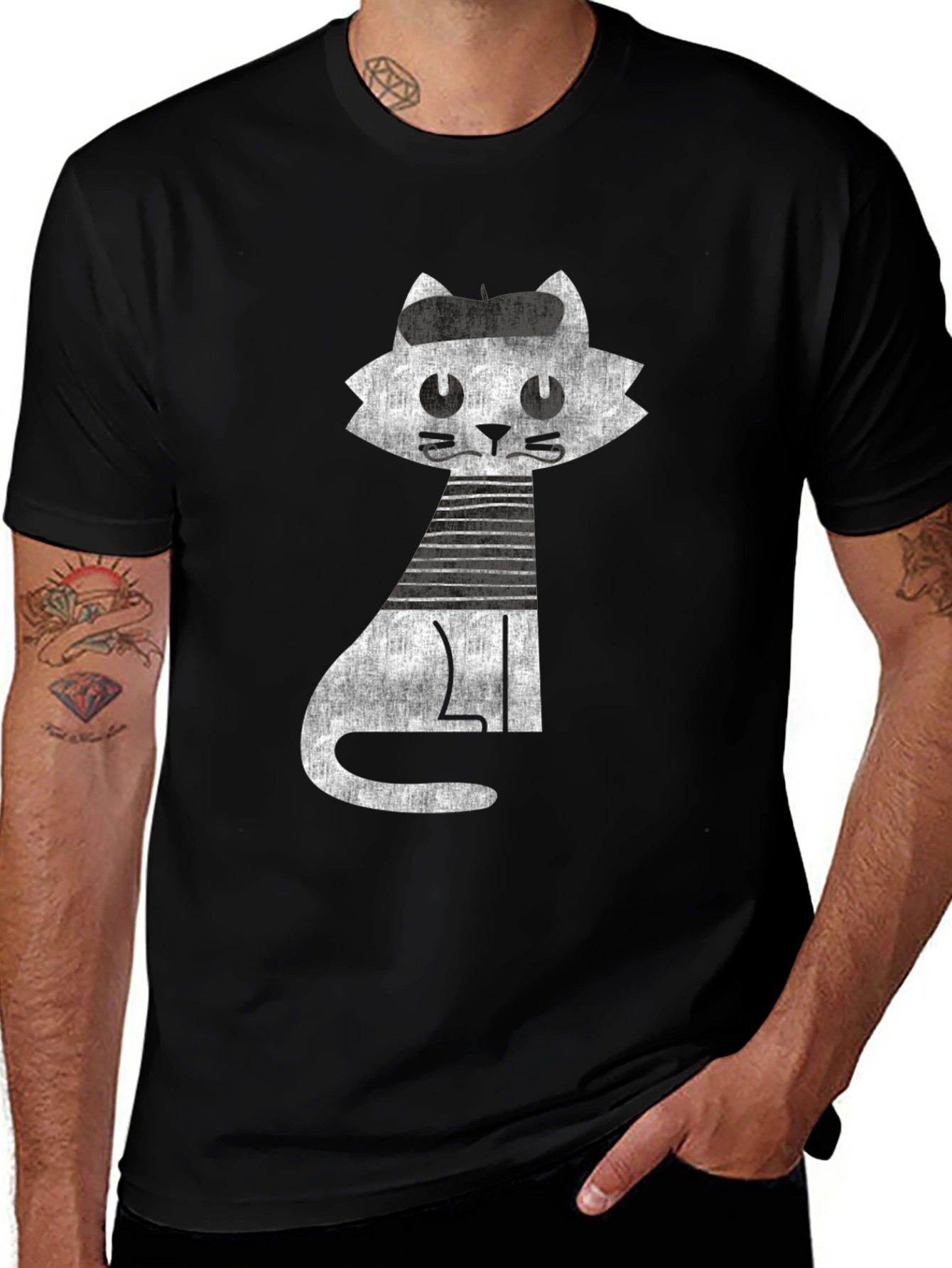 Variant 13 of Retro Cat Graphic Tee - Cool Black Cotton T-Shirt