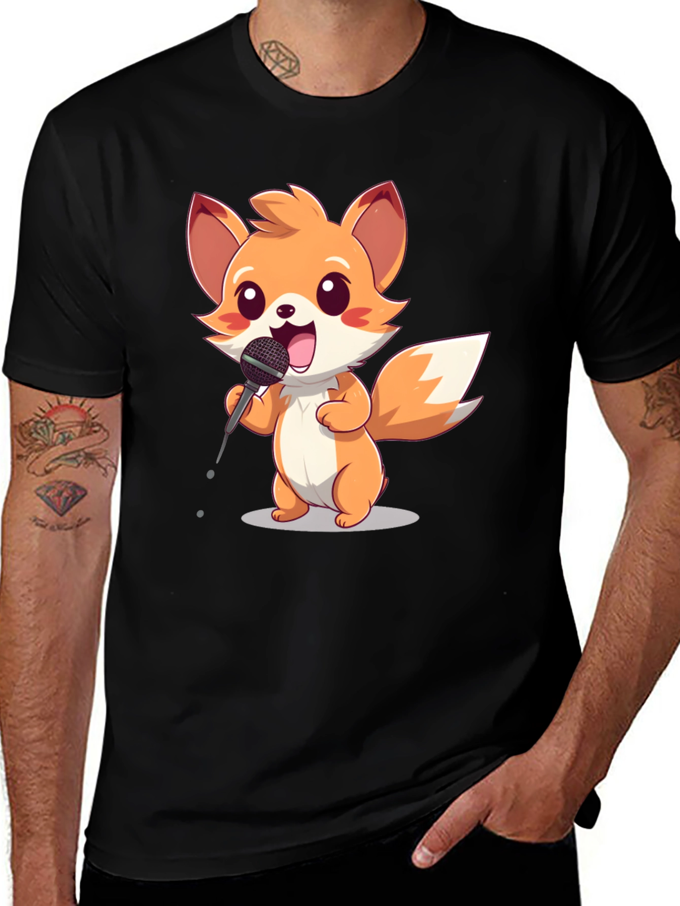 Variant 25 of Cartoon Fox Singer Black T-Shirt