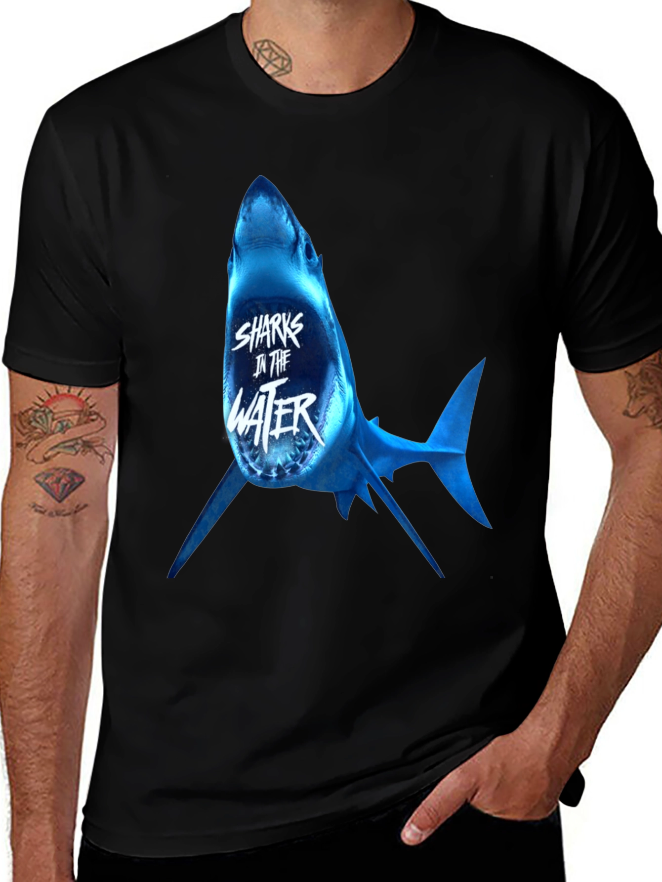 Variant 19 of Sharks in the Water Graphic Print Black T-Shirt