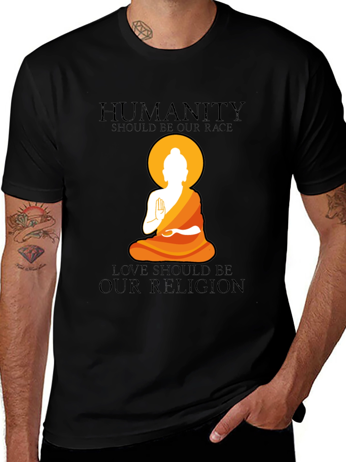 Variant 28 of Humanity Race, Love Religion Graphic Black T-Shirt