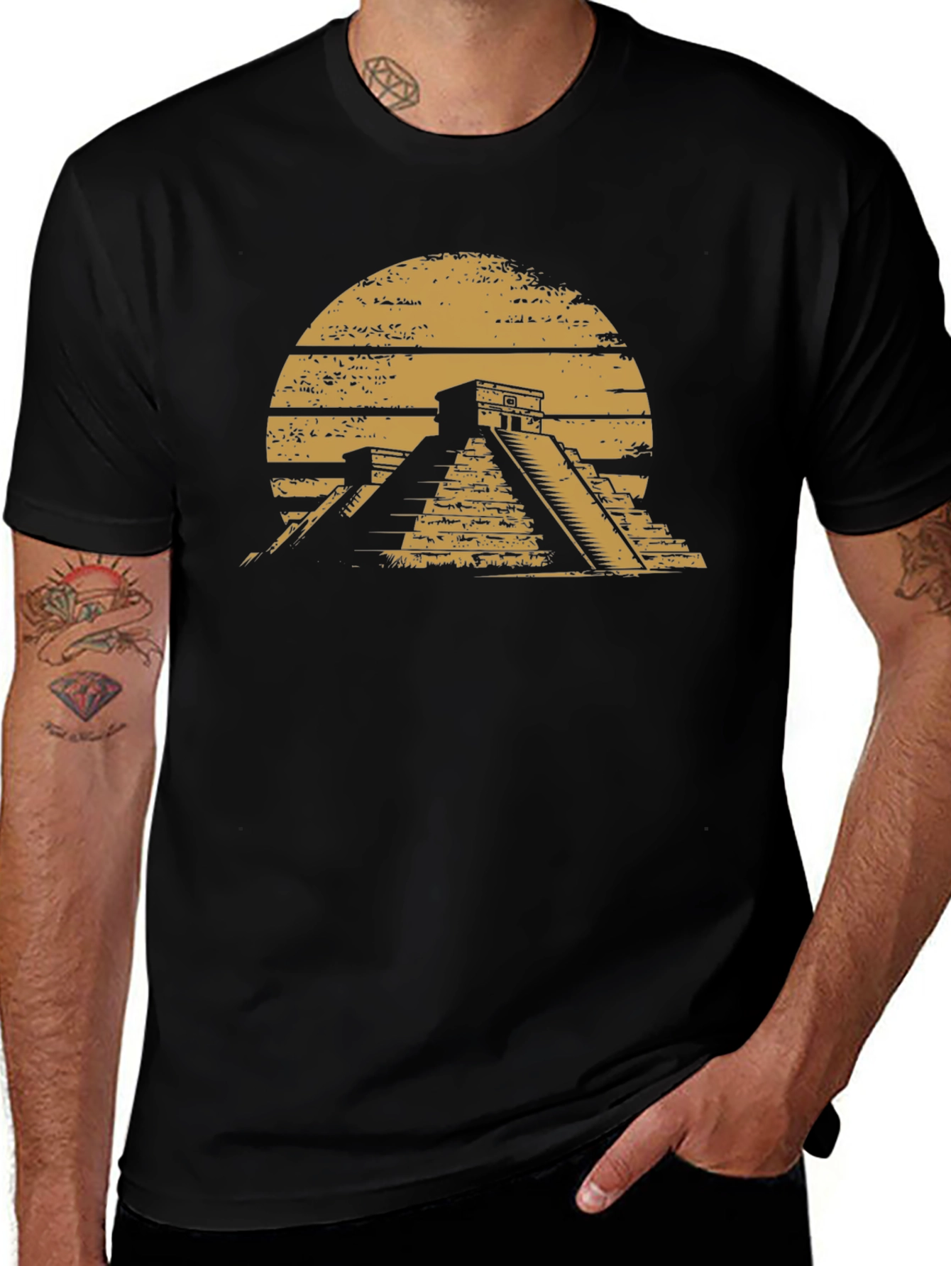 Aztec Pyramid Graphic Tee - Black Cotton T-Shirt