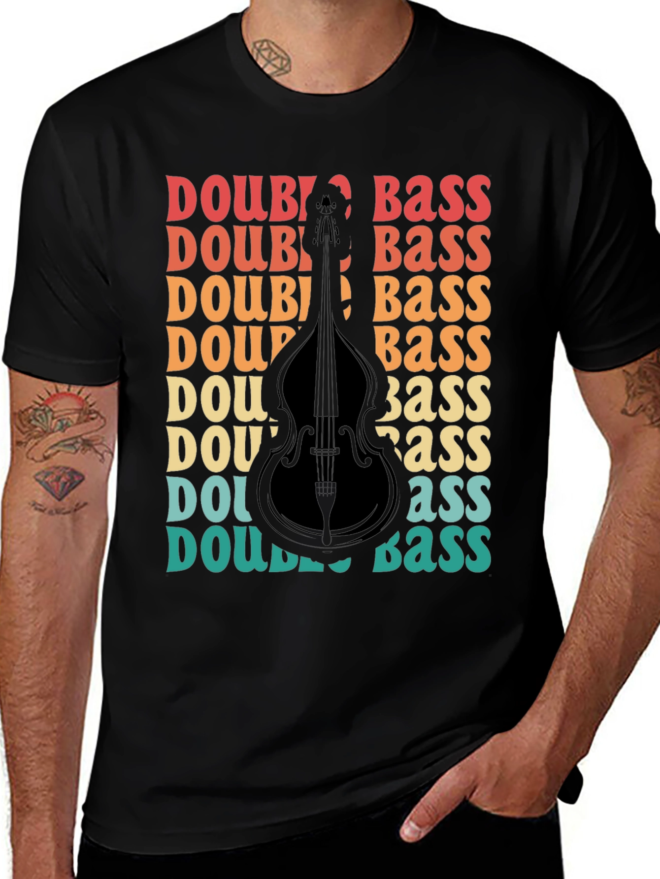 Black Double Bass Graphic T-Shirt Retro Style Musician Tee main image