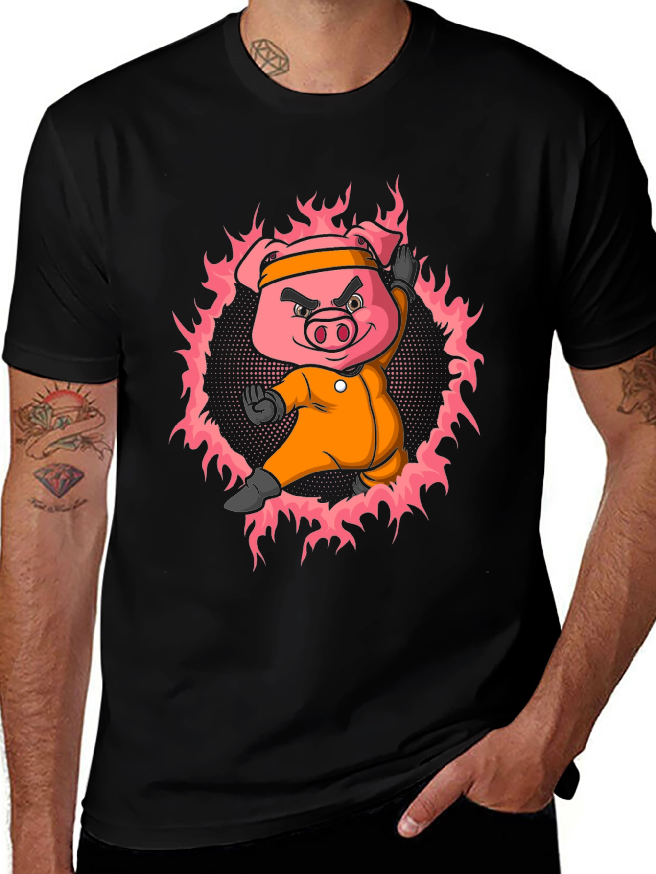Variant 12 of Karate Pig T-Shirt - Black Cotton Tee