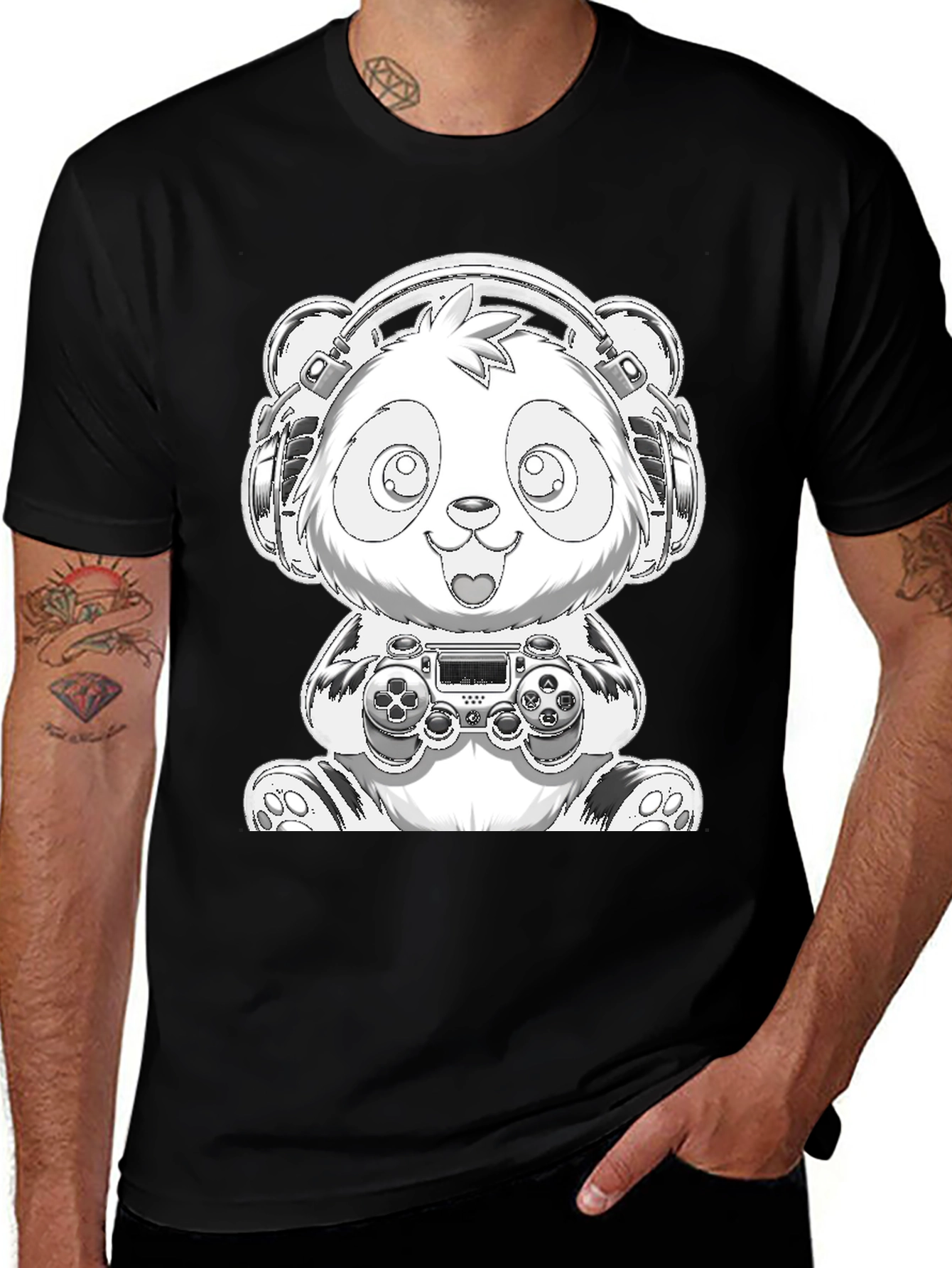 Variant 28 of Gamer Panda Graphic T-Shirt - Black Cotton Tee