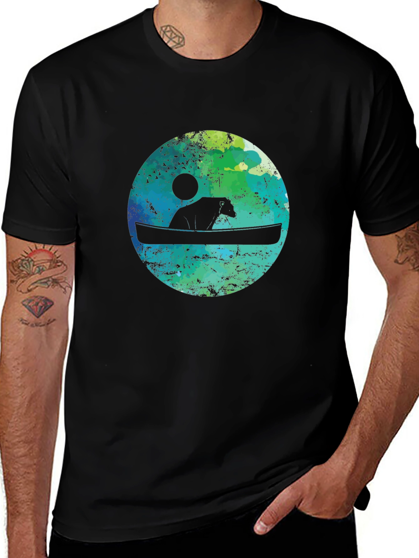 Variant 19 of Bear in Canoe Graphic Tee - Men's Black T-Shirt