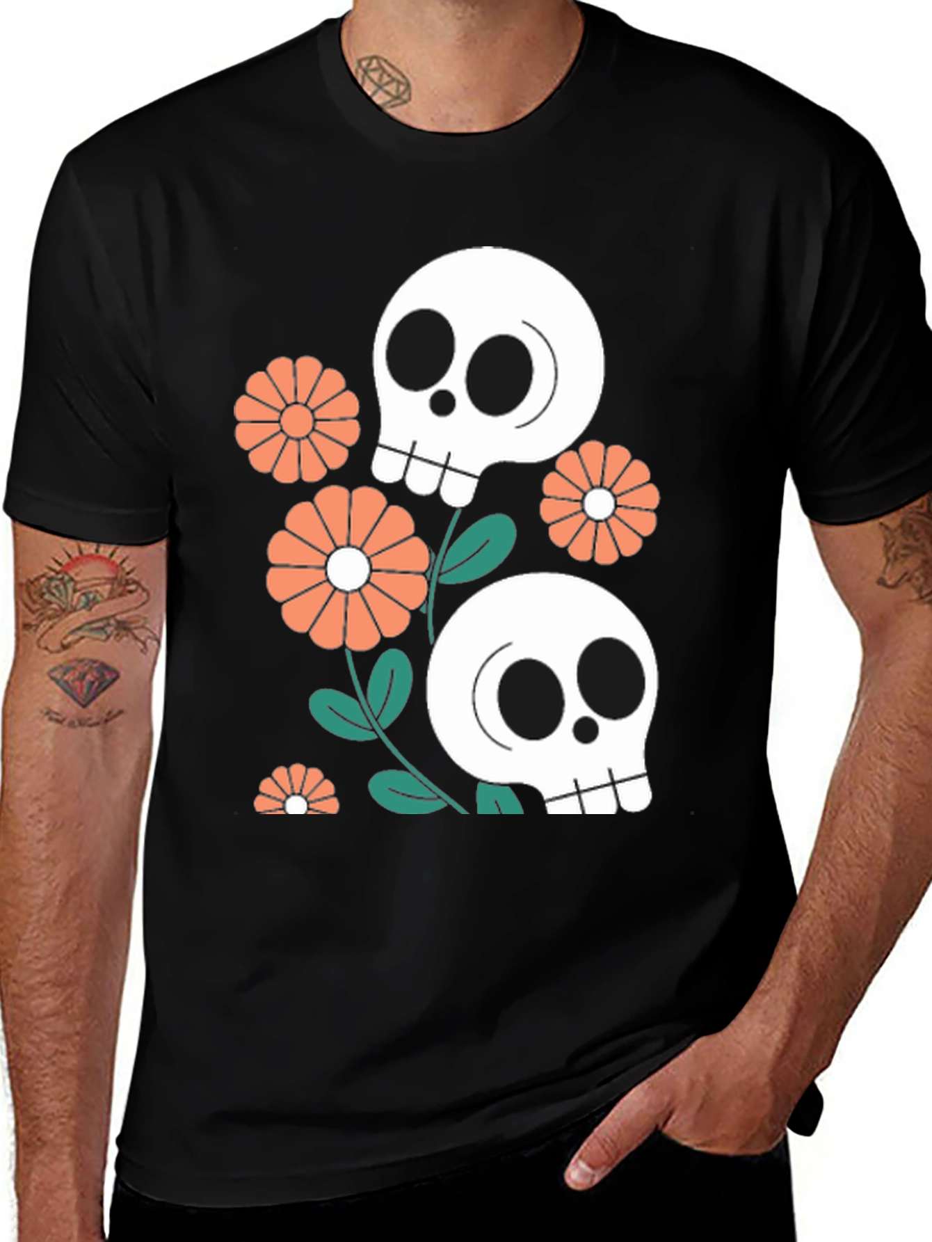 Variant 25 of Skull & Floral Graphic Tee - Black Cotton Blend