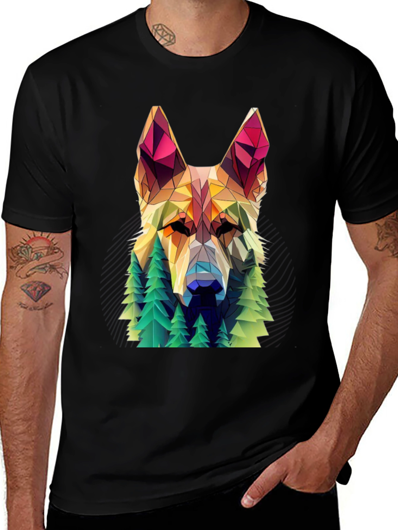Variant 17 of Geometric Dog & Trees Graphic Tee - Men's Black T-Shirt
