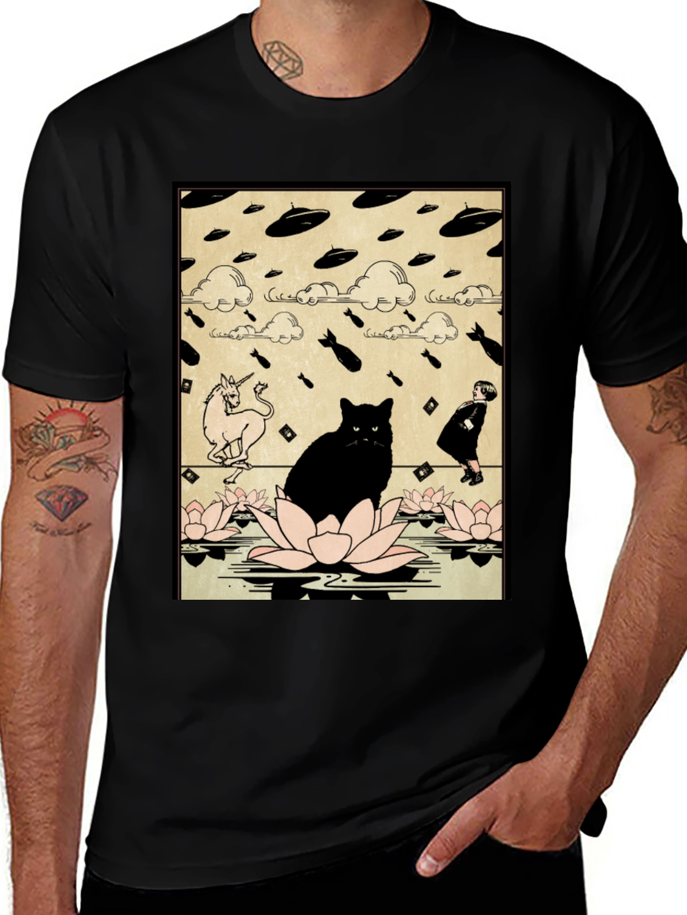Black Cat & Unicorn Invasion T-Shirt - Funny Graphic Tee main image