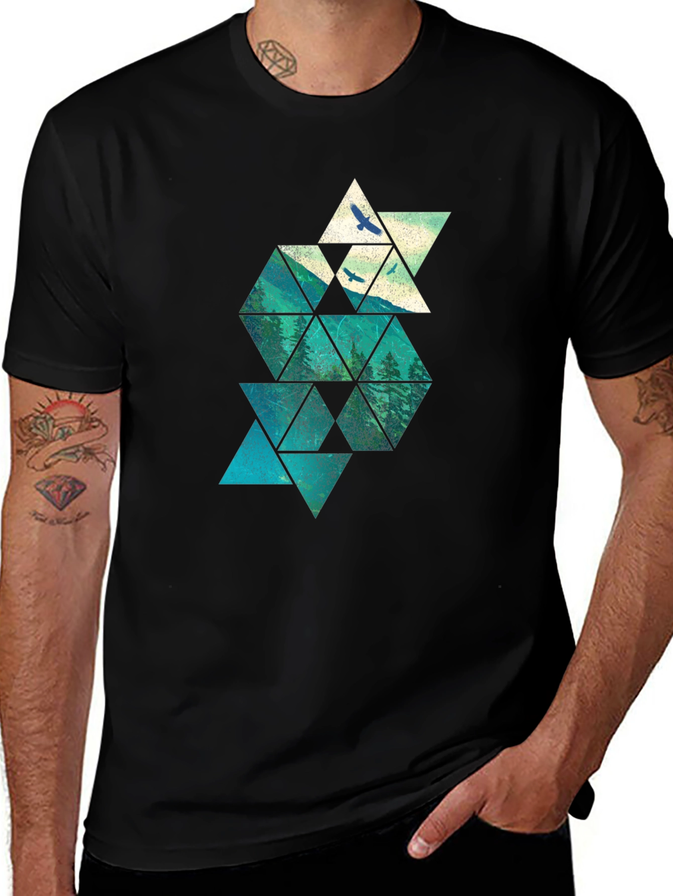 Variant 22 of Geometric Mountain & Bird Print Men's Black T-Shirt
