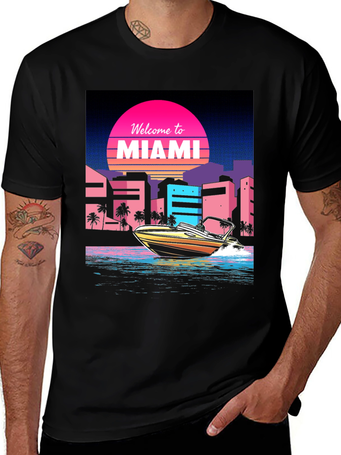 Variant 23 of Miami Vice Style Graphic Tee - Retro Boat & Cityscape