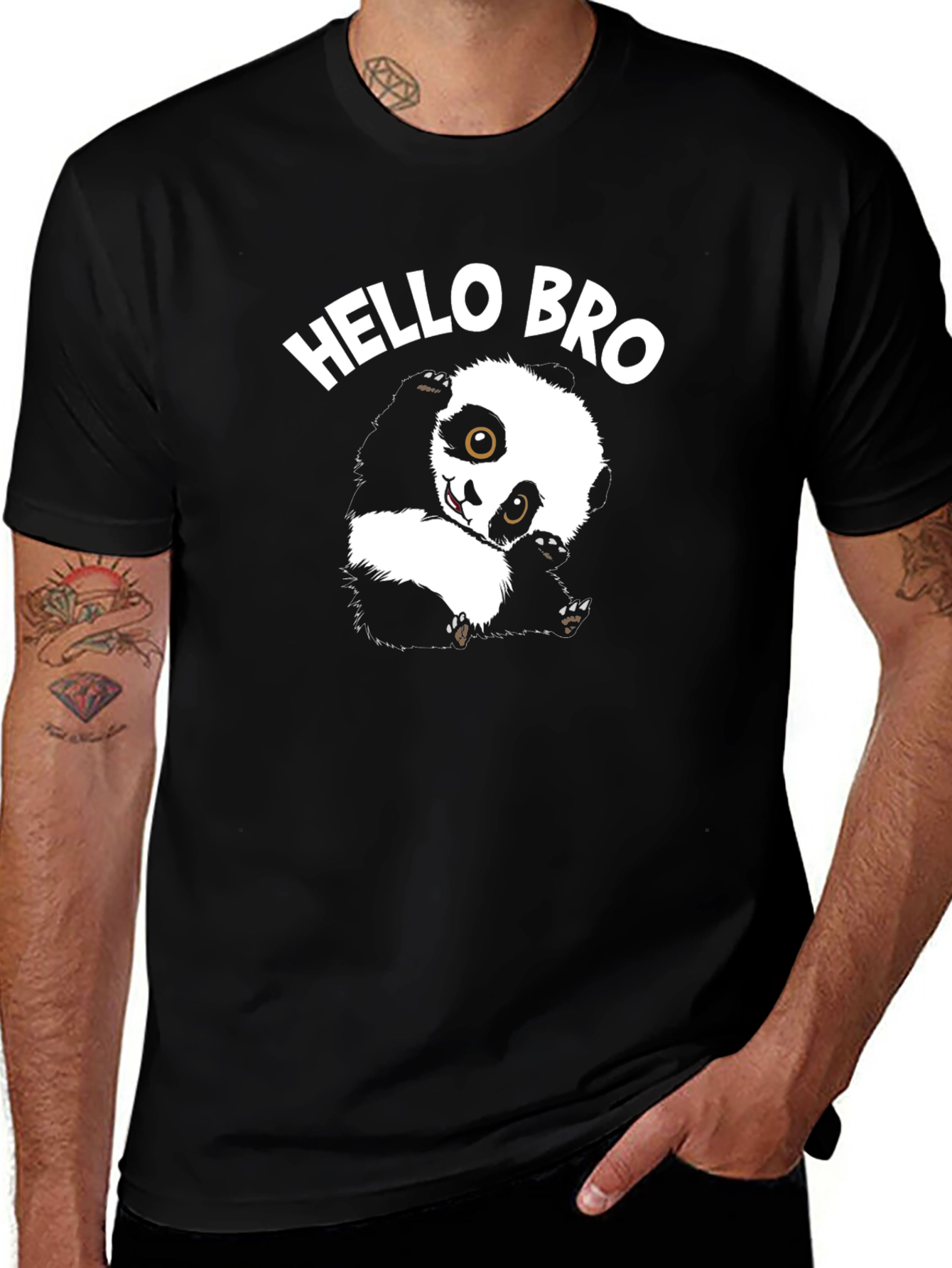Variant 9 of Hello Bro Panda Graphic Tee - Men's Black Cotton T-Shirt