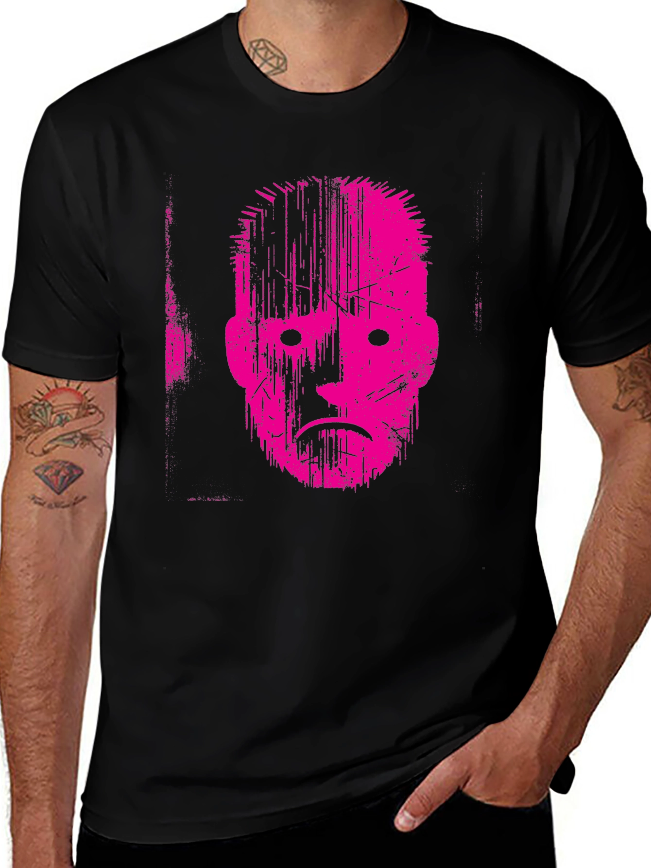 Variant 27 of Pink Abstract Face Graphic Print Black T-Shirt