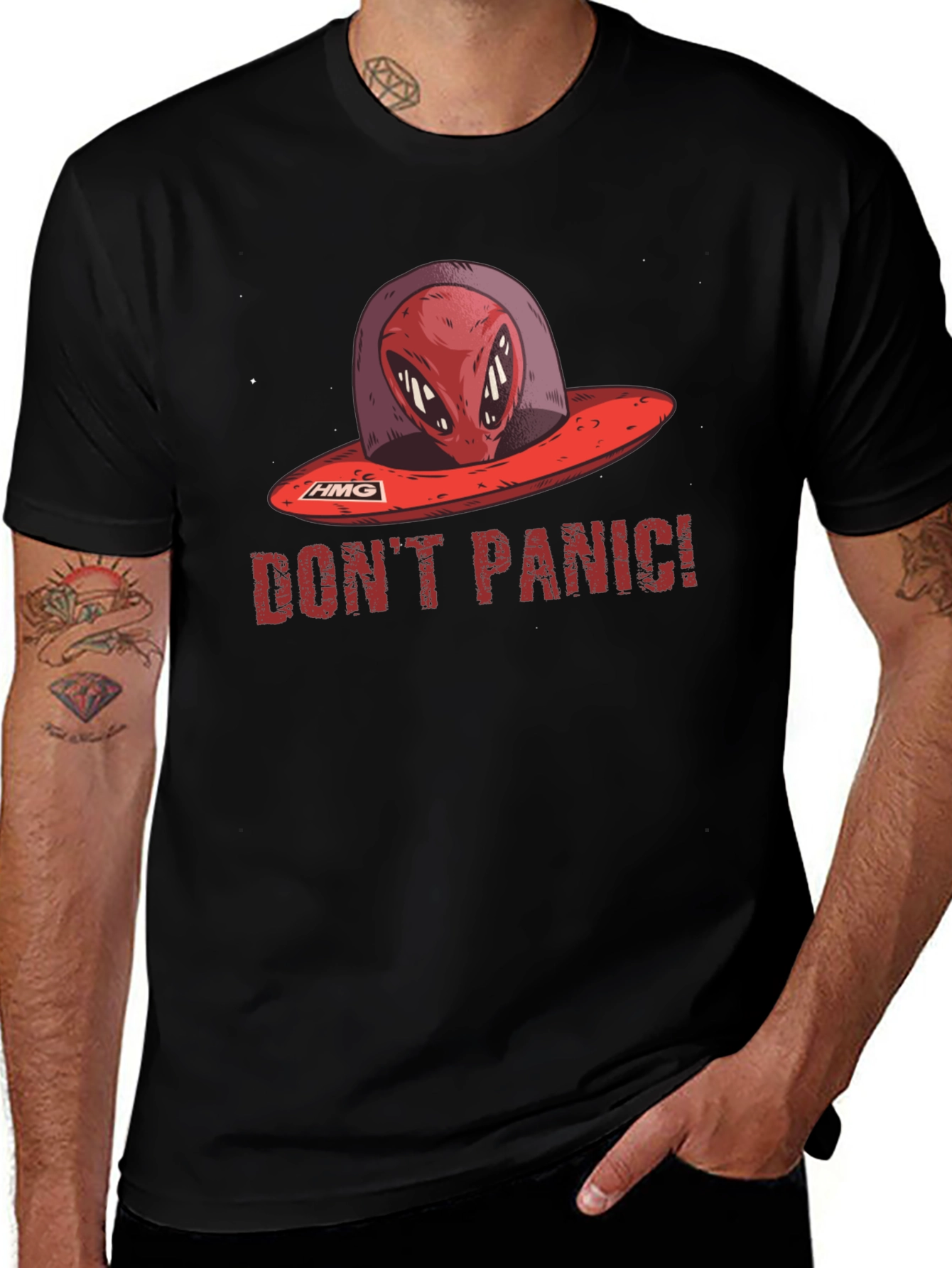 Variant 6 of Don't Panic Alien UFO Graphic T-Shirt - Funny Sci-Fi Tee