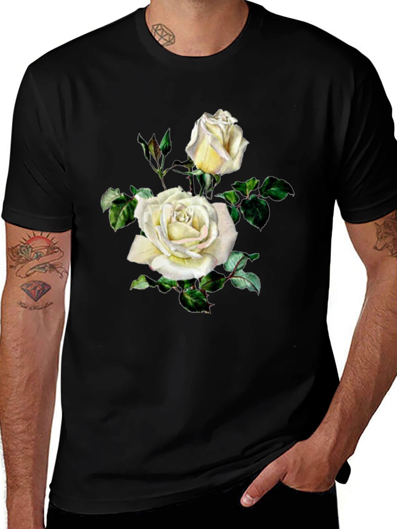 Variant 22 of Elegant White Rose Graphic Black T-Shirt