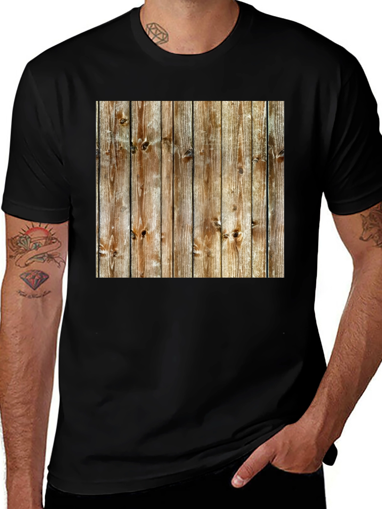 Variant 8 of Rustic Wood Grain Print Black T-Shirt