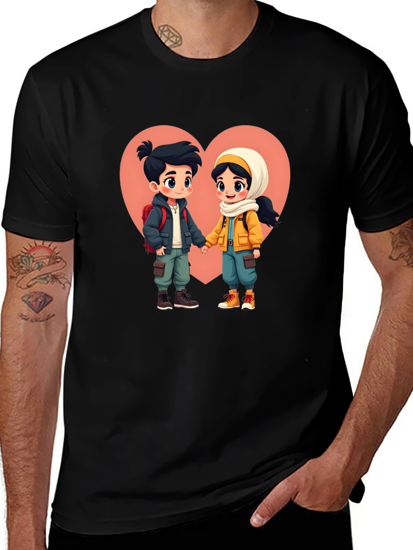 Variant 10 of Romantic Cartoon Couple Black T-Shirt
