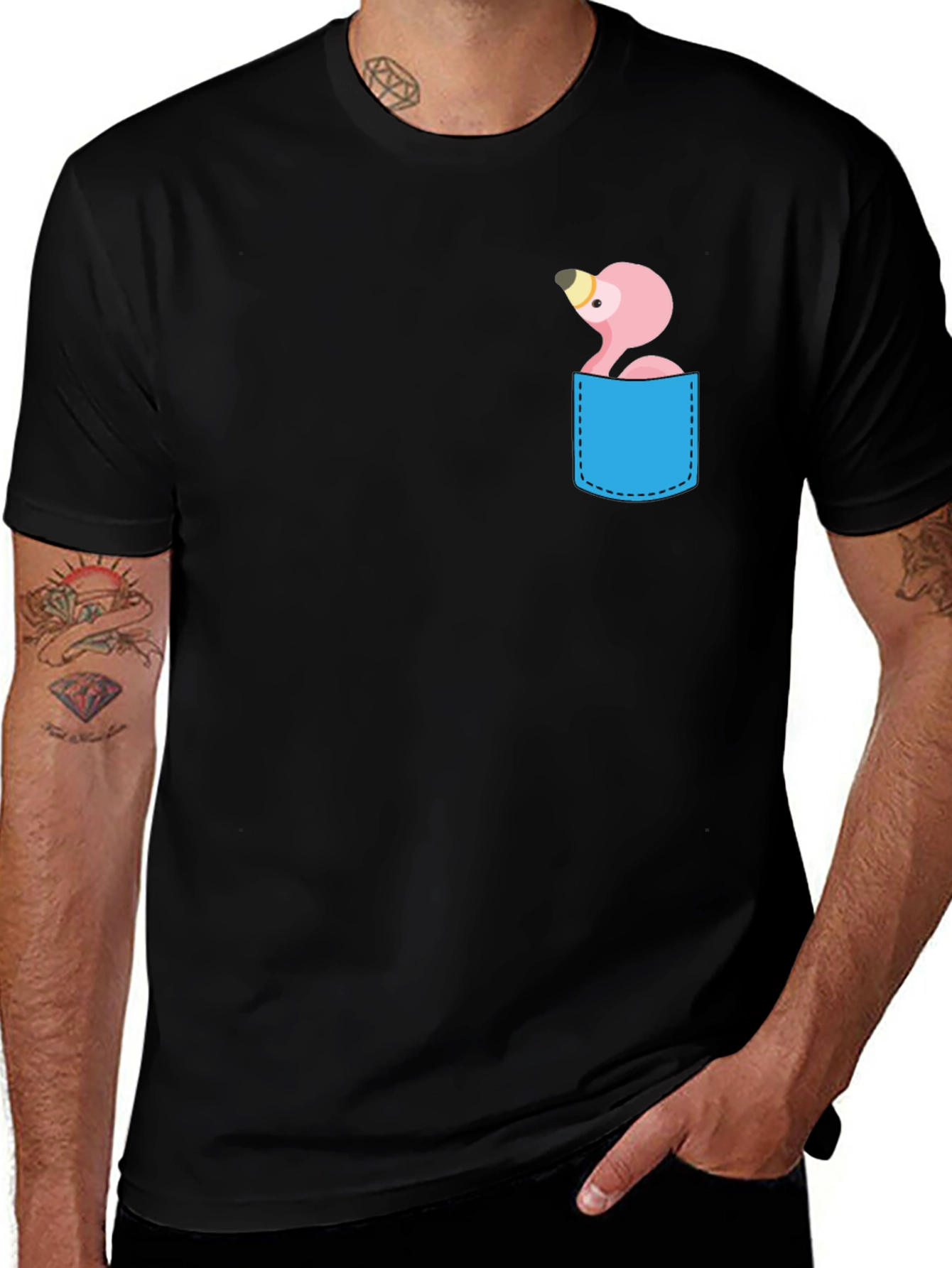 Fun Flamingo Pocket Black T-Shirt