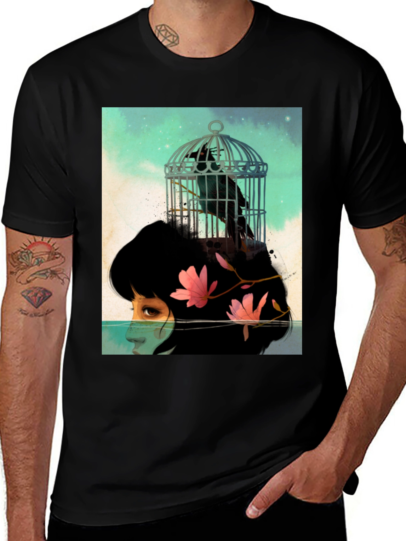 Artistic Crow Cage Graphic Black T-Shirt