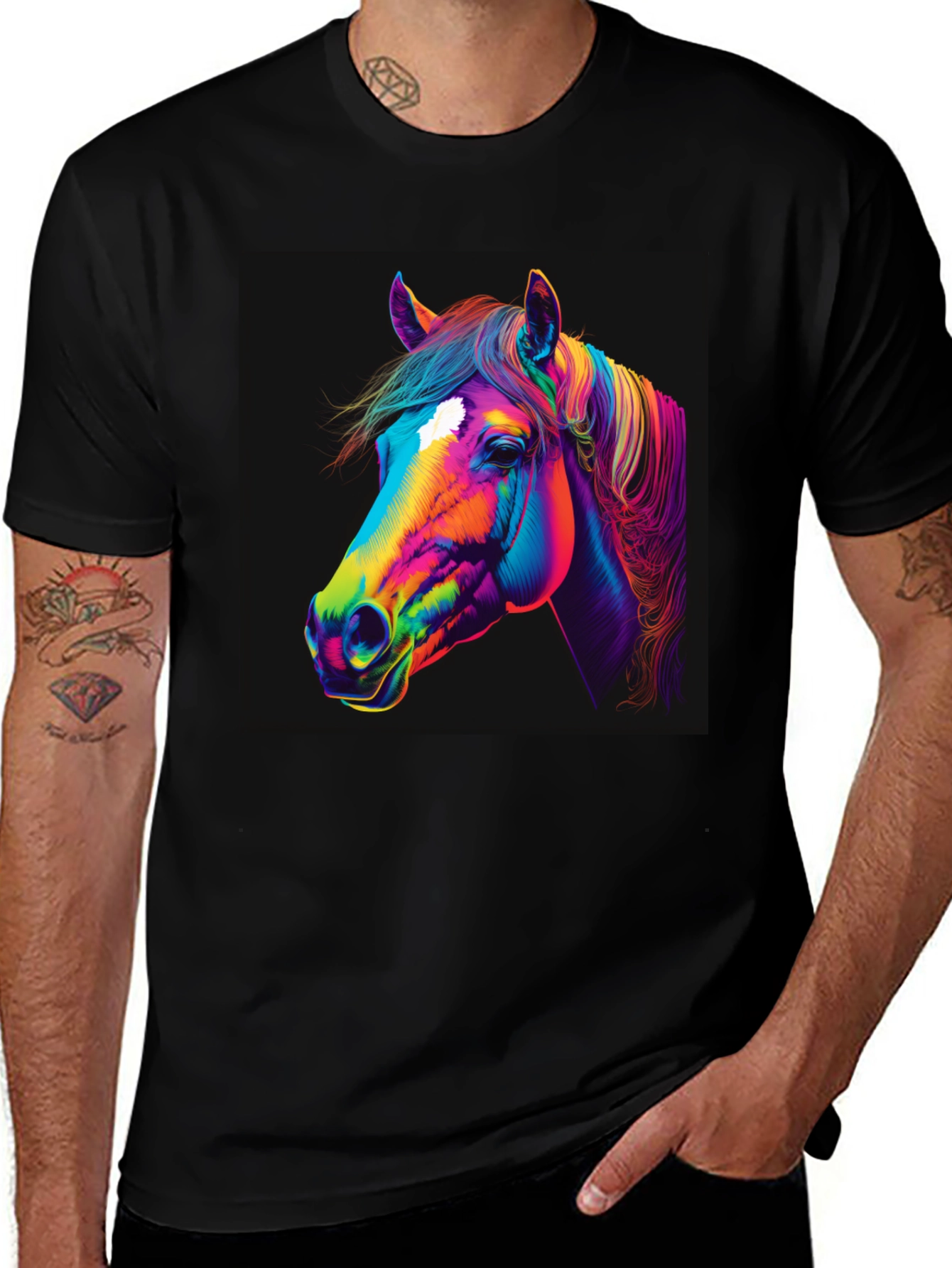 Variant 10 of Colorful Horse Graphic Print Black T-Shirt