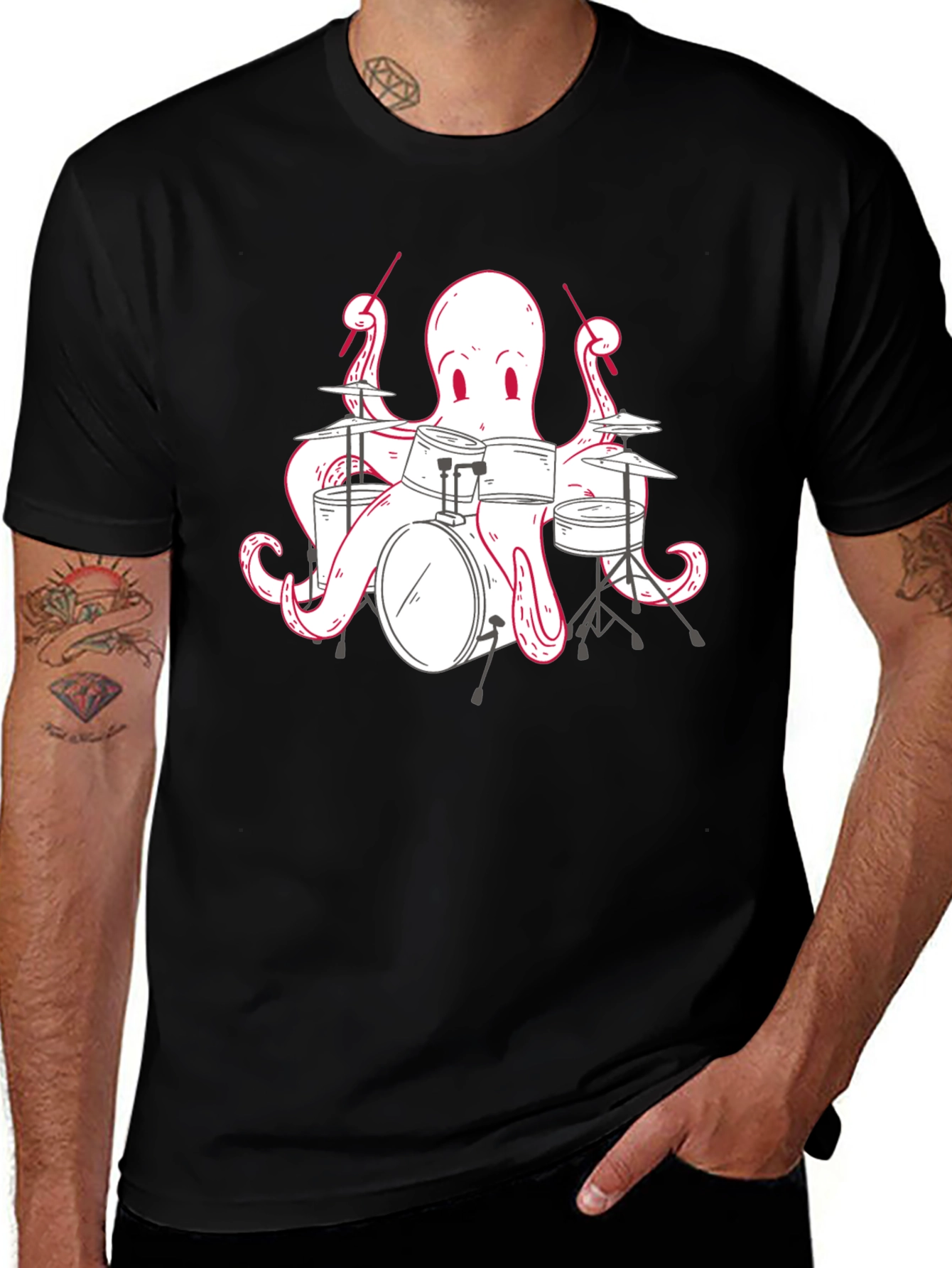 Variant 20 of Drummer Octopus Graphic Tee - Black Cotton T-Shirt