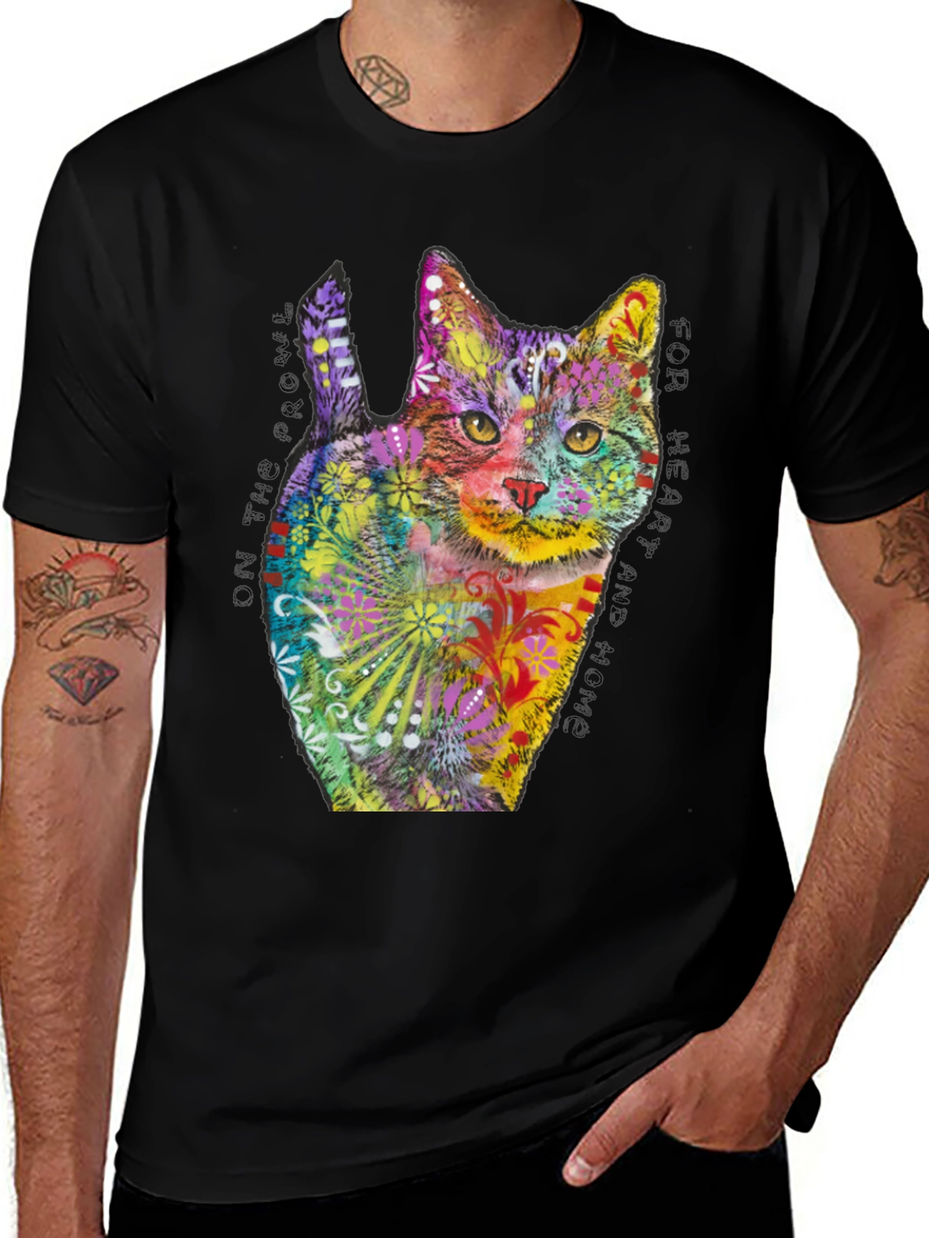 Variant 6 of Colorful Cat Graphic Print Black T-Shirt