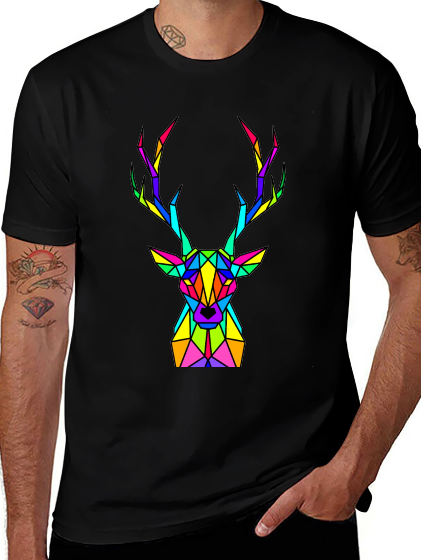 Variant 17 of Geometric Deer Graphic T-Shirt - Rainbow Stag Design