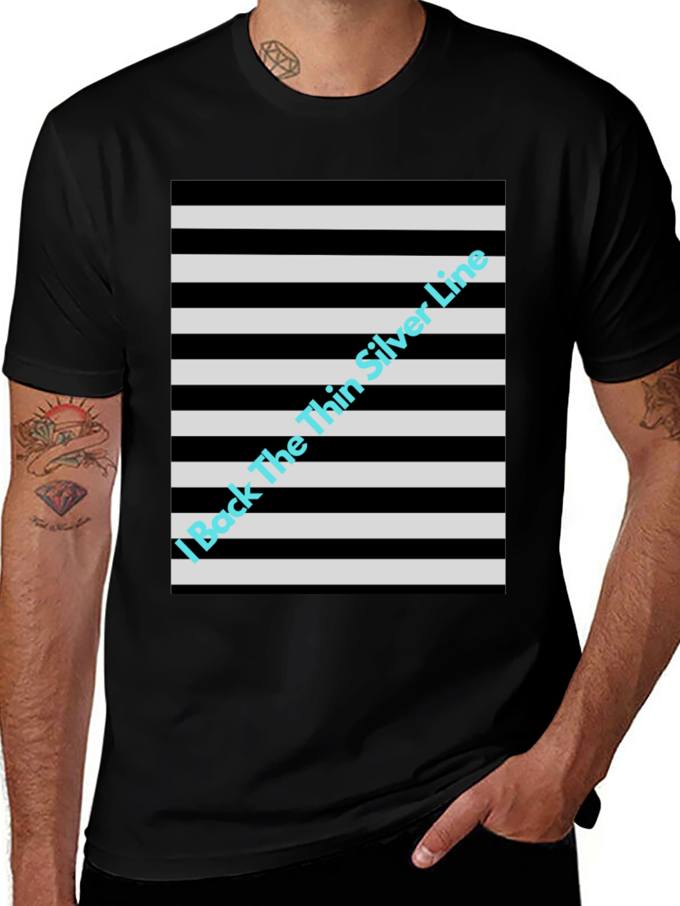 Variant 6 of Thin Silver Line Striped Graphic Tee - Black