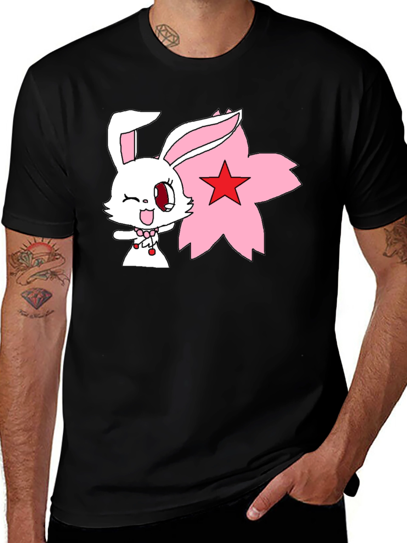 Variant 19 of Anime Bunny Graphic Tee - Black Cotton Shirt