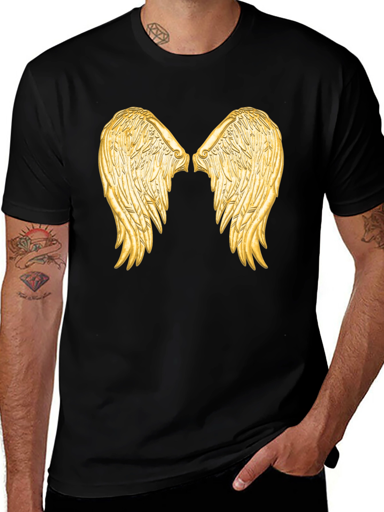 Variant 17 of Black Tee with Golden Angel Wings Graphic