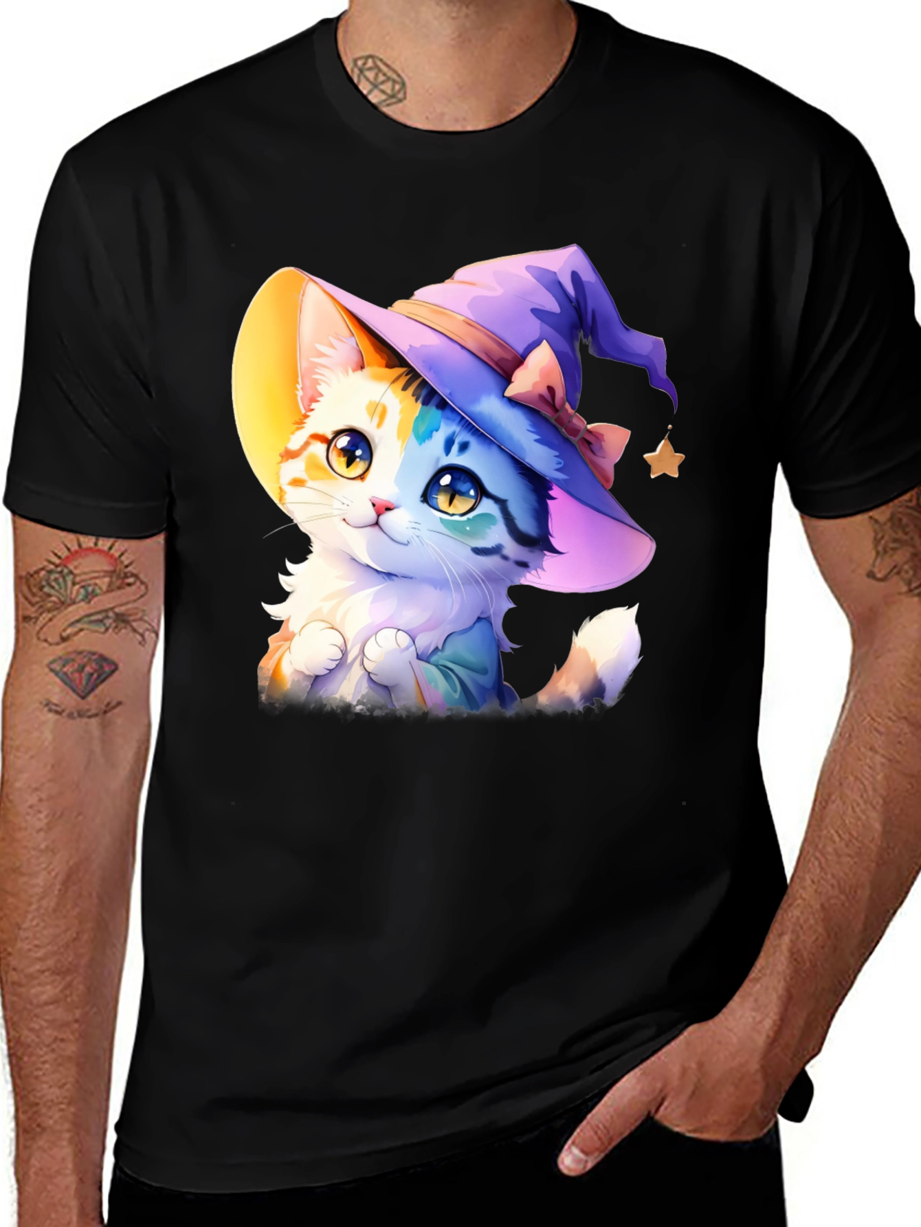 Variant 4 of Whimsical Witch Cat T-Shirt - Cute Cartoon Kitten Tee