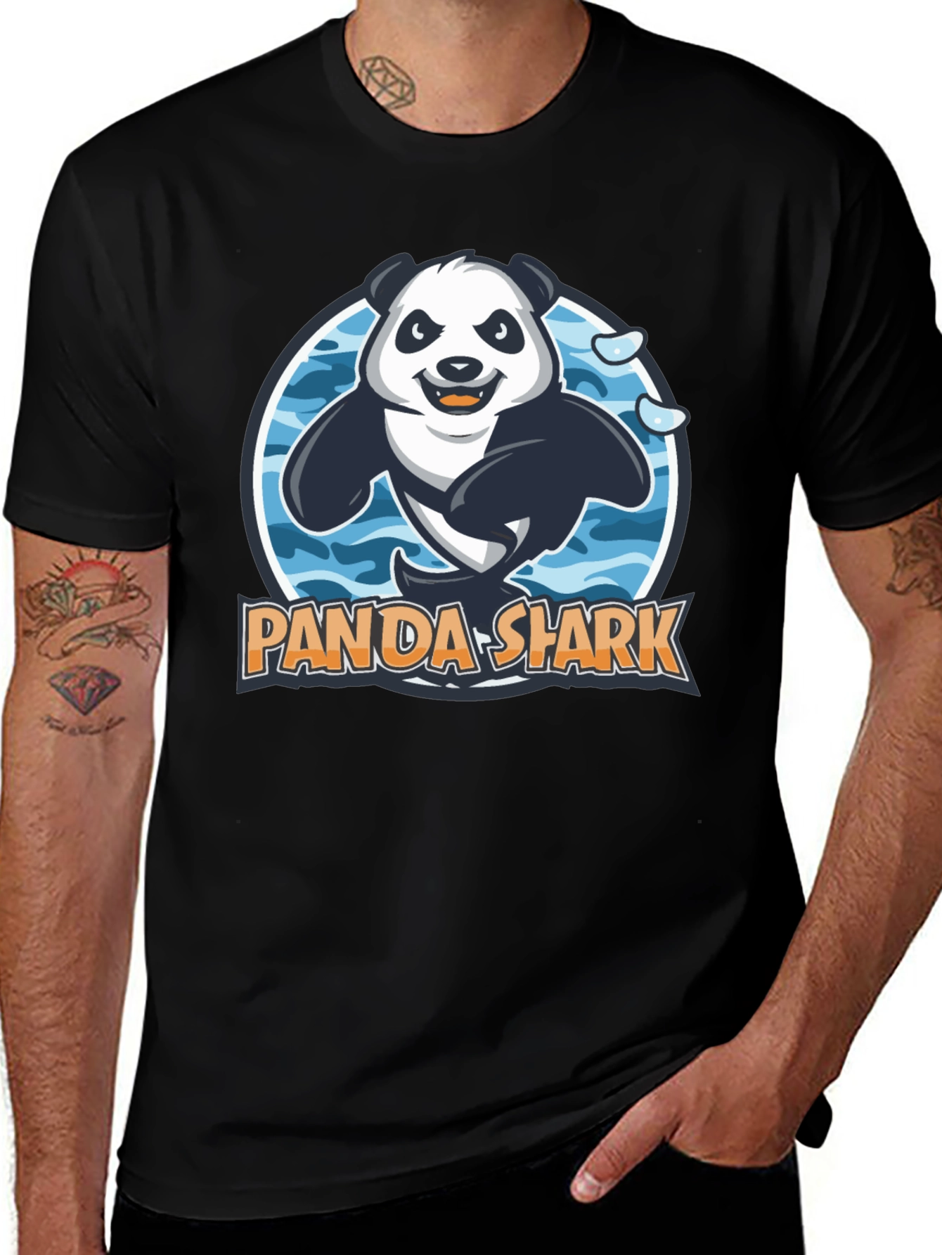 Black Panda Shark Graphic T-Shirt - Black Cotton Tee main image