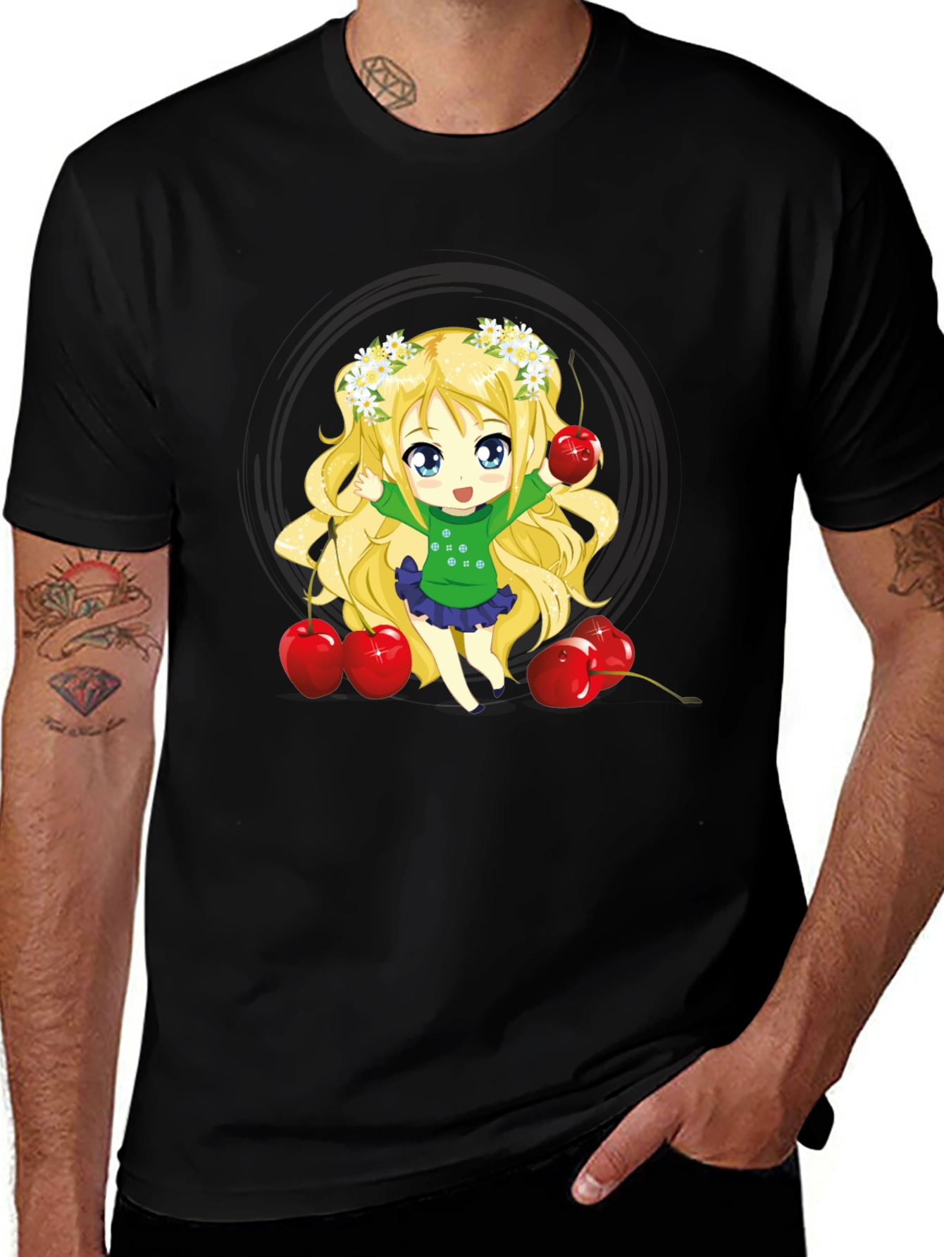 Variant 17 of Anime Girl & Cherries Black T-Shirt