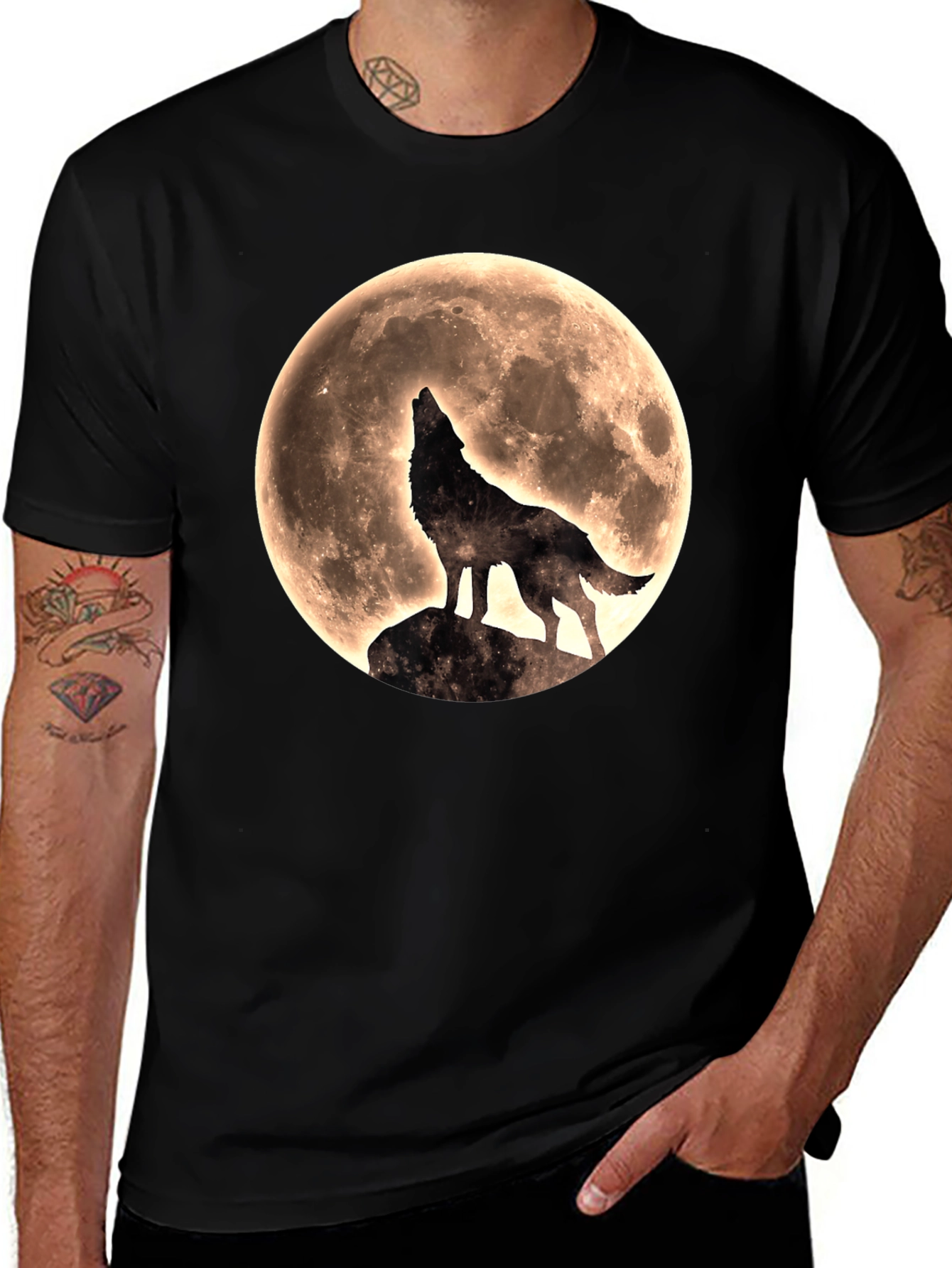 Variant 4 of Wolf Howling at Moon Graphic T-Shirt - Black