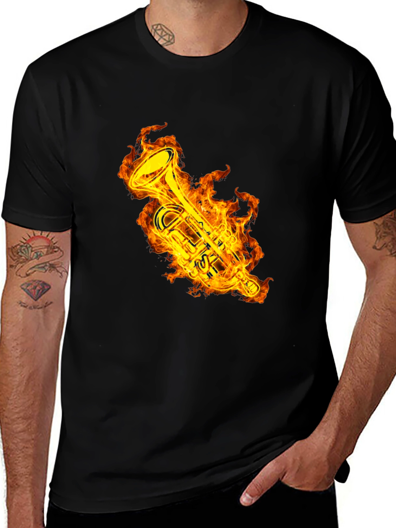 Variant 6 of Fiery Trumpet Graphic T-Shirt - Black Cotton Tee