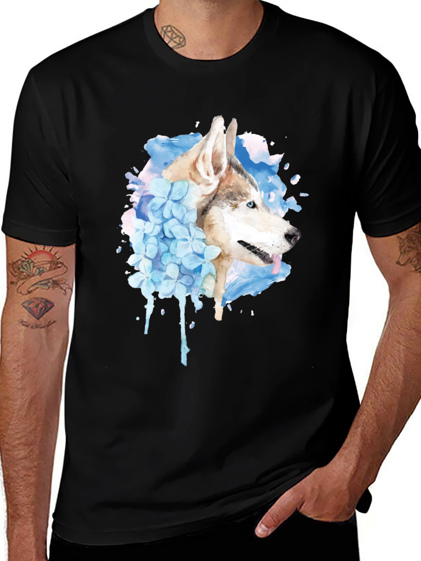 Variant 21 of Husky Dog Watercolor Graphic Print Black T-Shirt