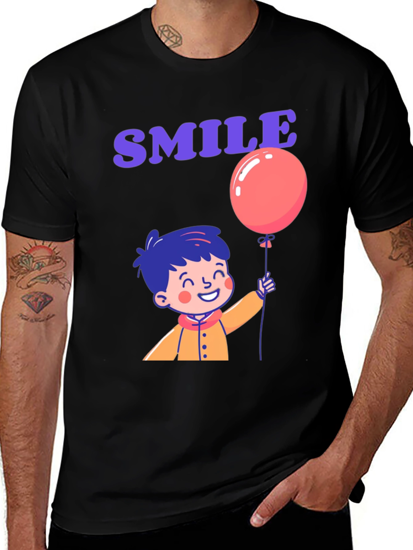 Variant 4 of Smile T-Shirt - Cartoon Boy with Balloon Black Tee