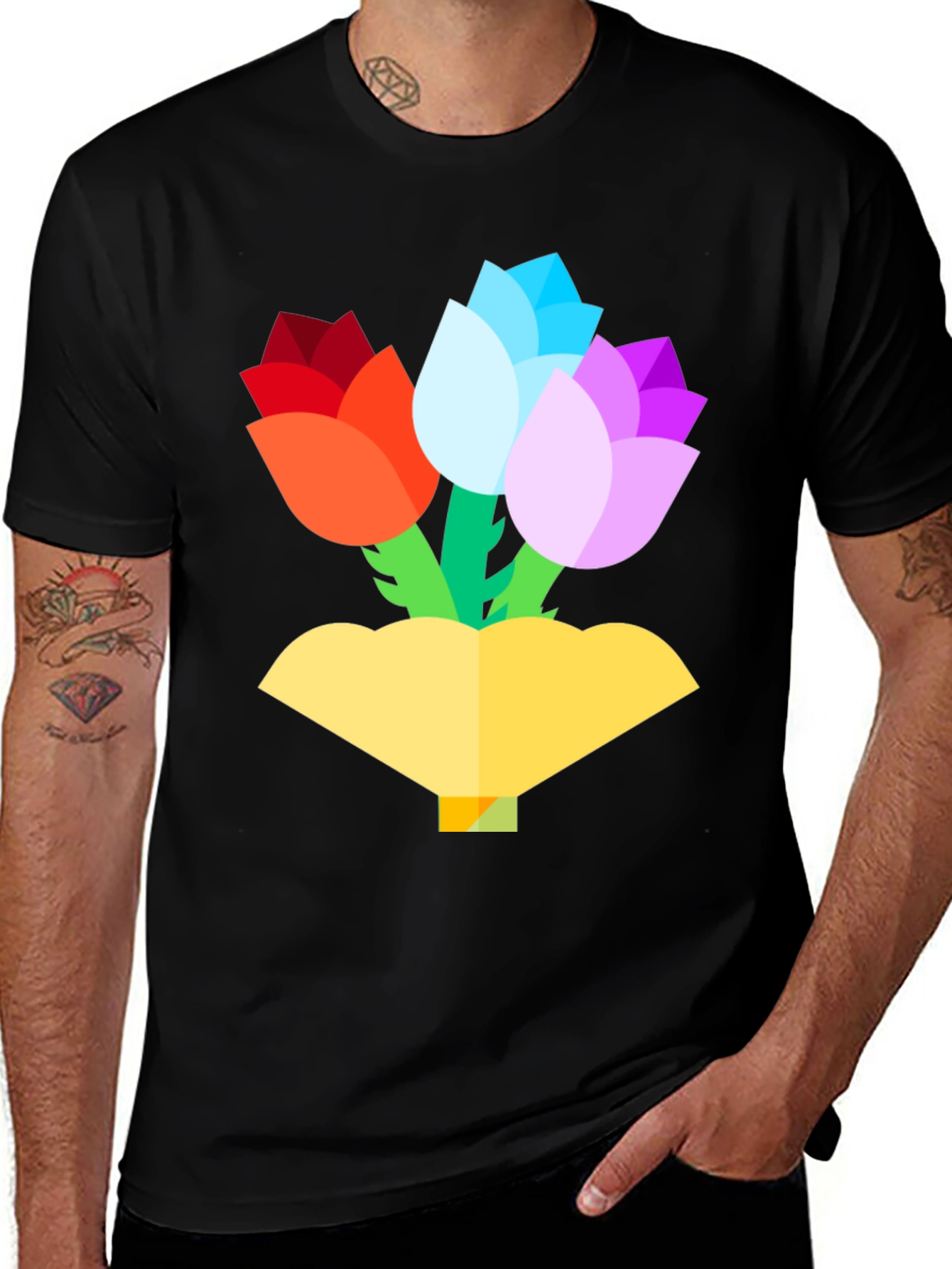 Geometric Floral Print Black T-Shirt