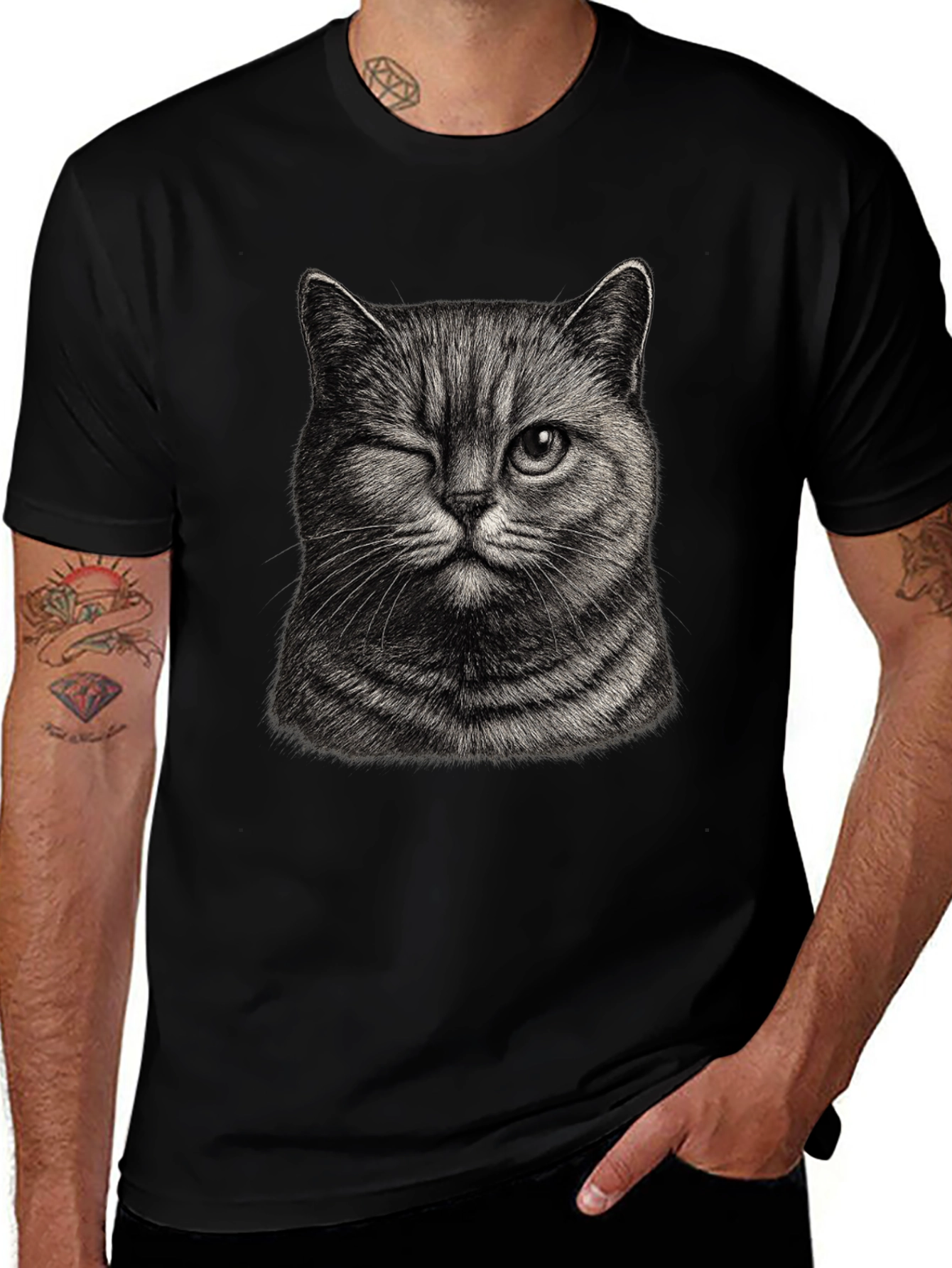 Variant 25 of Winking Cat Graphic Tee - Men's Black T-Shirt