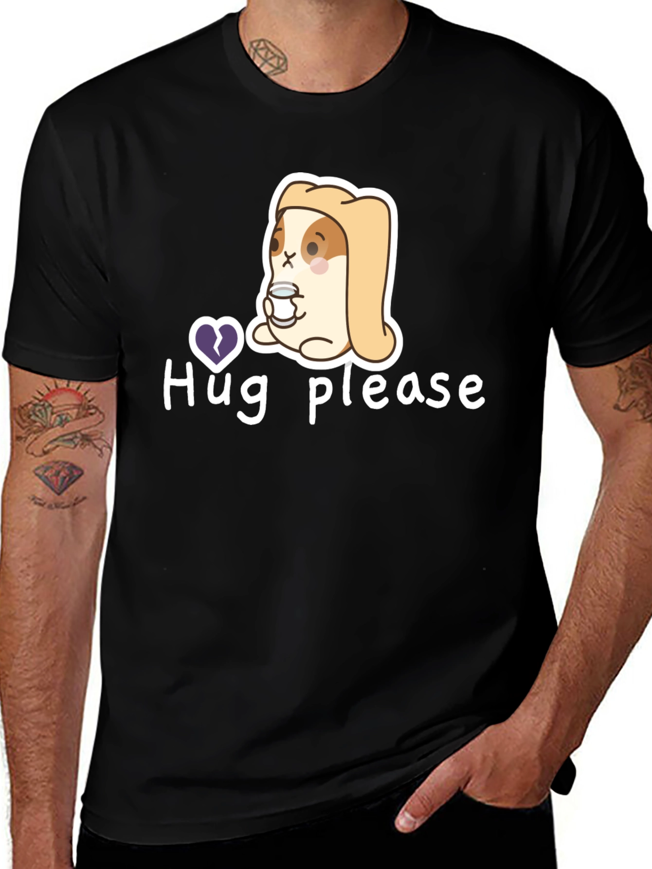 Variant 30 of Cute Bunny Graphic Tee - "Hug Please" Black T-Shirt