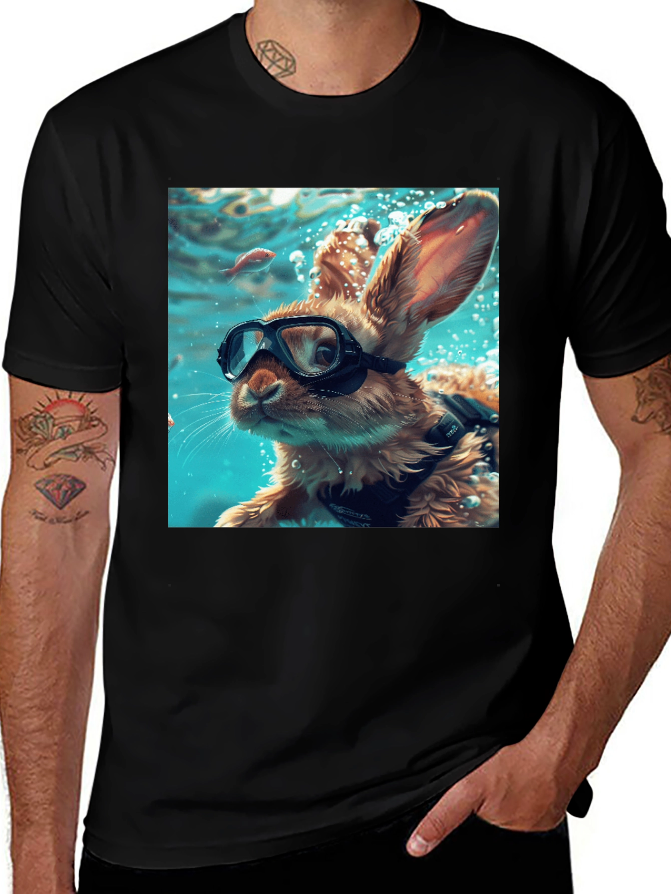 Diving Bunny Graphic Tee - Unique Black T-Shirt