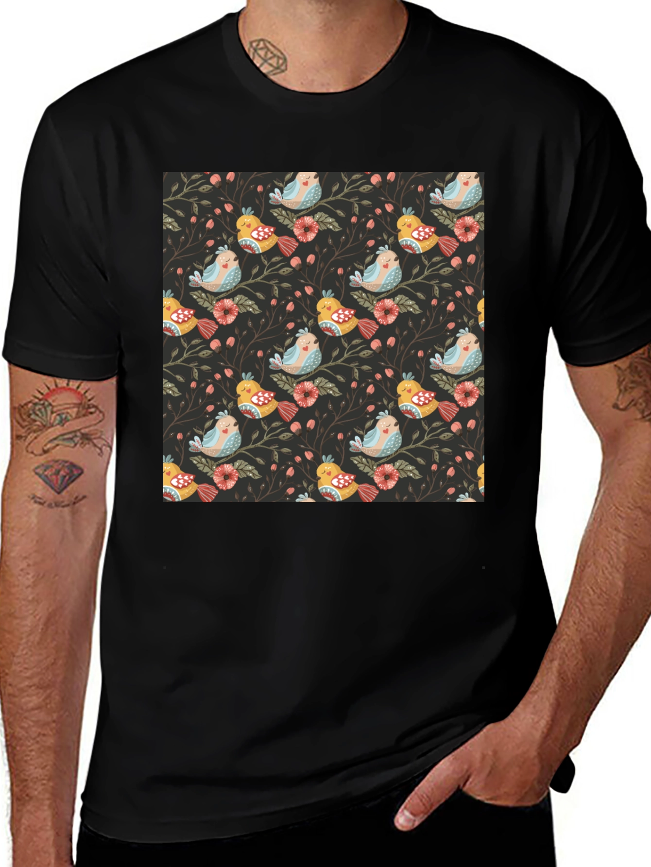 Variant 28 of Bird & Floral Print Black Crew Neck Tee