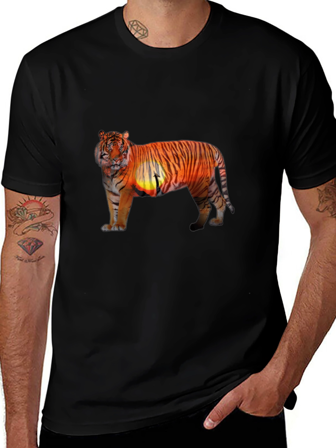 Variant 29 of Tiger Sunset Graphic Print Black T-Shirt