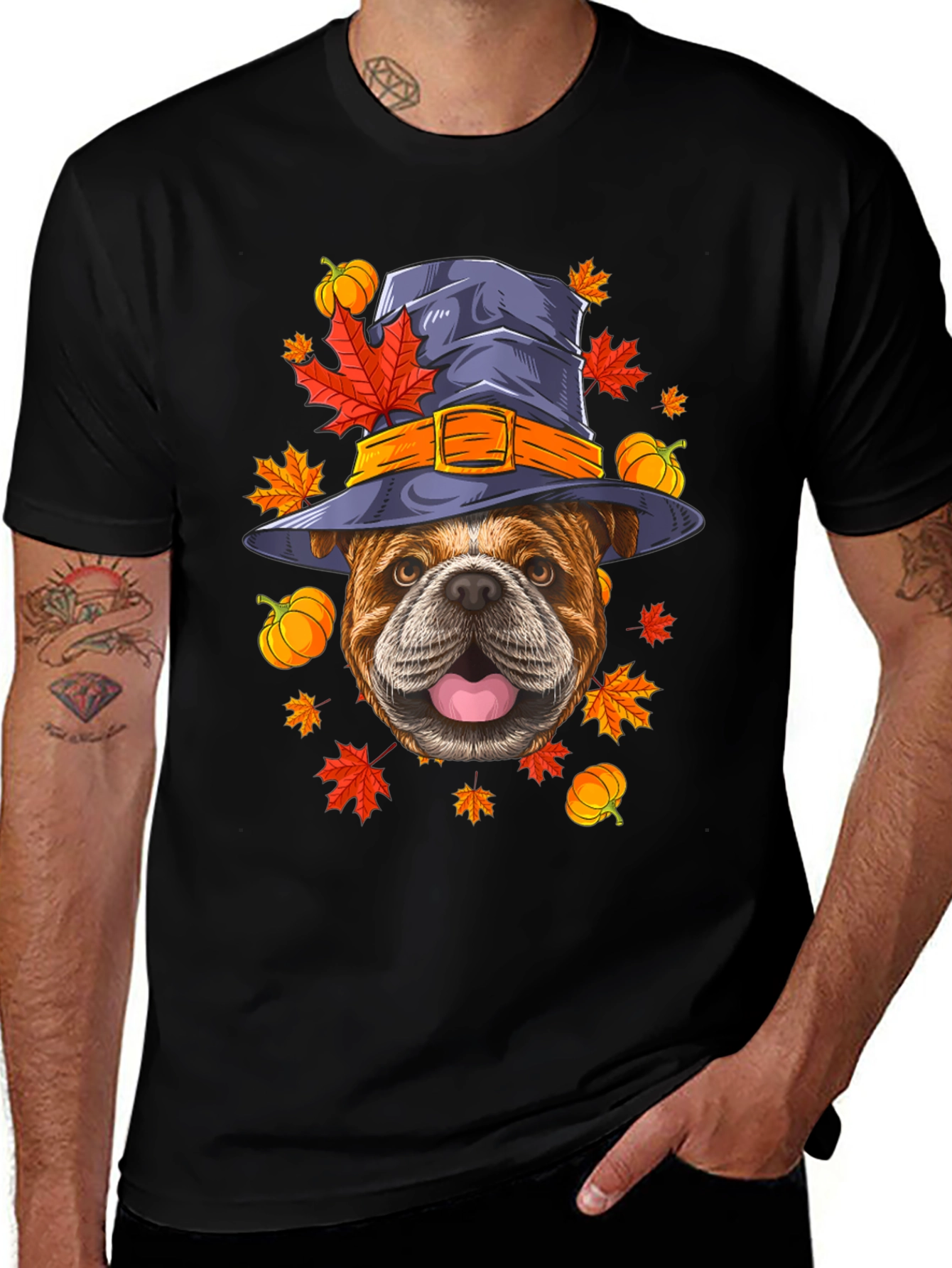 Black Bulldog Witch Hat Fall T-Shirt main image