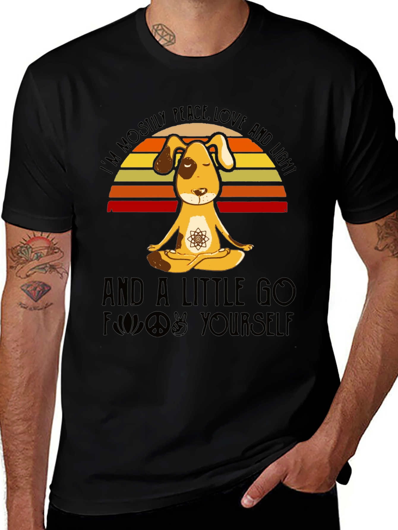 Black Peace Love and Light Dog Yoga T-Shirt main image