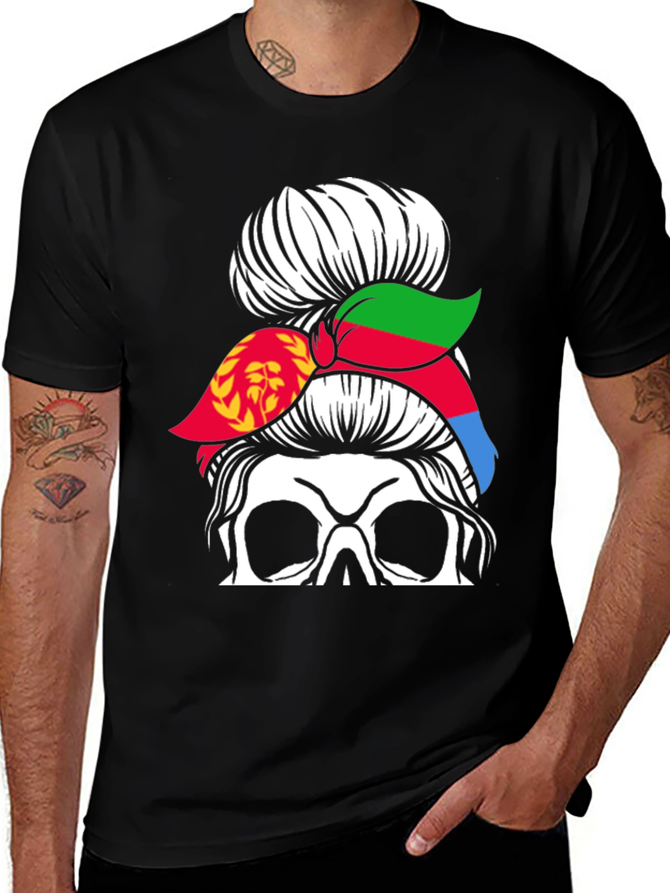Eritrean Flag Messy Bun Skull T-Shirt